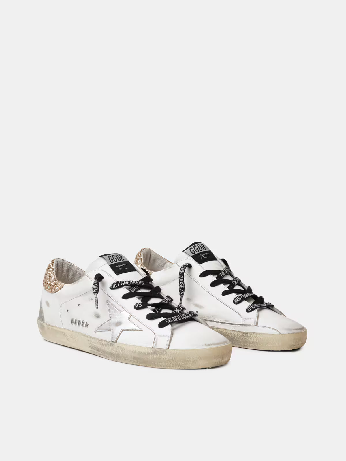 Golden Goose Super-Star pour femme en cuir blanc avec languette de talon pailletée