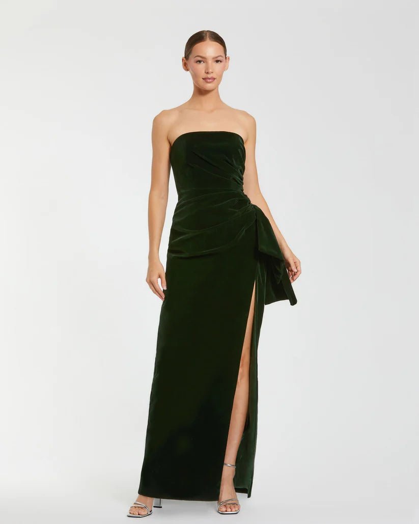 Dani Dyers Green Strapless High Slit Draped Velvet Gown - Dani Dyers