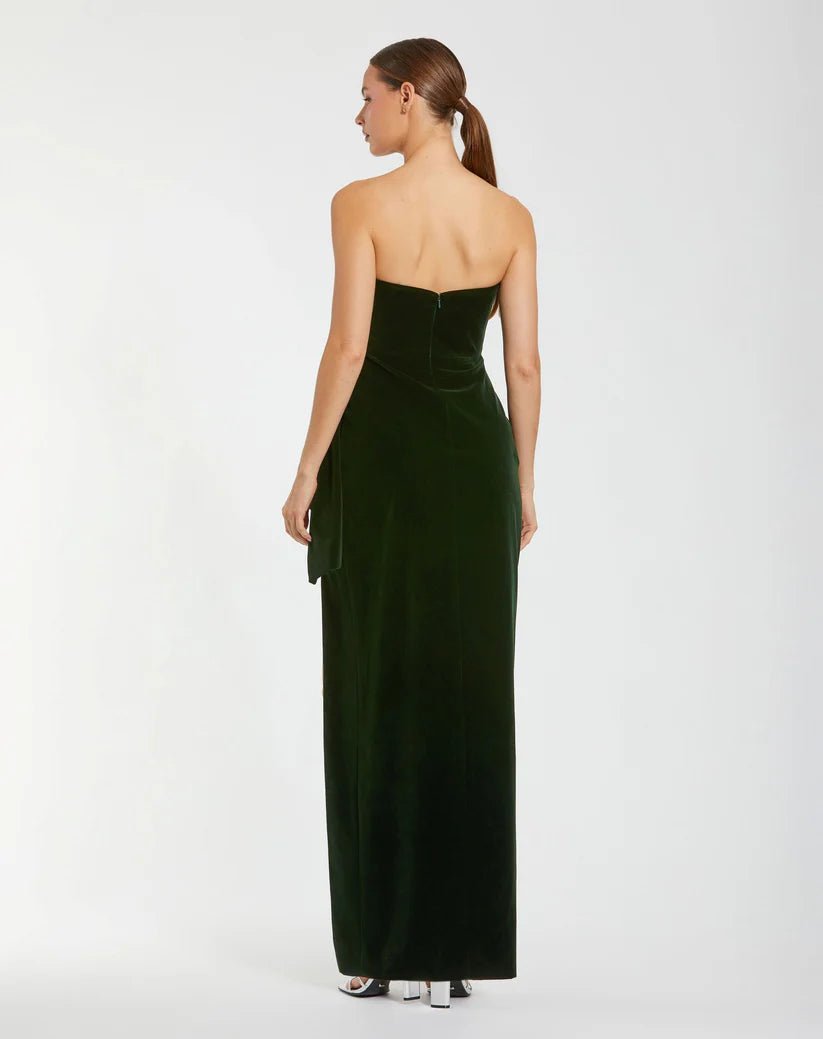 Dani Dyers Green Strapless High Slit Draped Velvet Gown - Dani Dyers