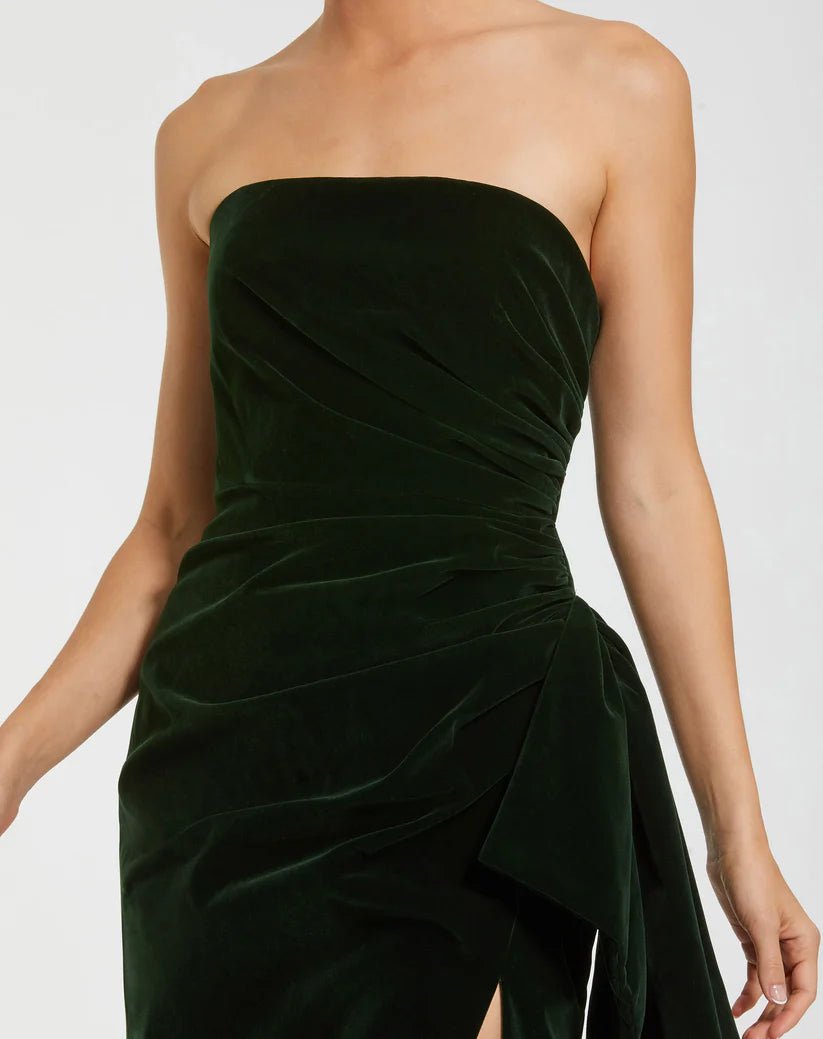Dani Dyers Green Strapless High Slit Draped Velvet Gown - Dani Dyers