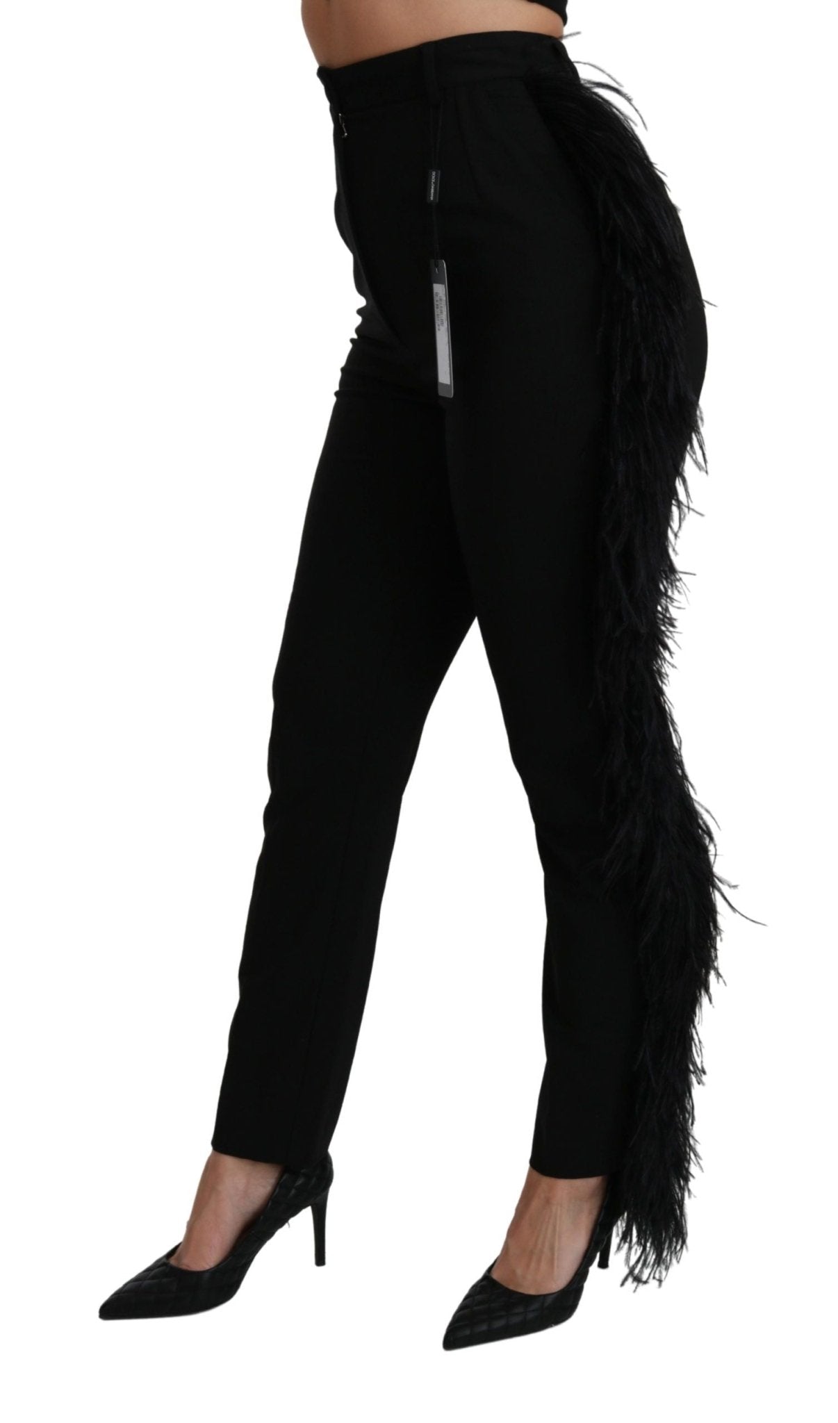 Dolce & Gabbana Black Feather Straight High Waist Wool Pants - Dani Dyers