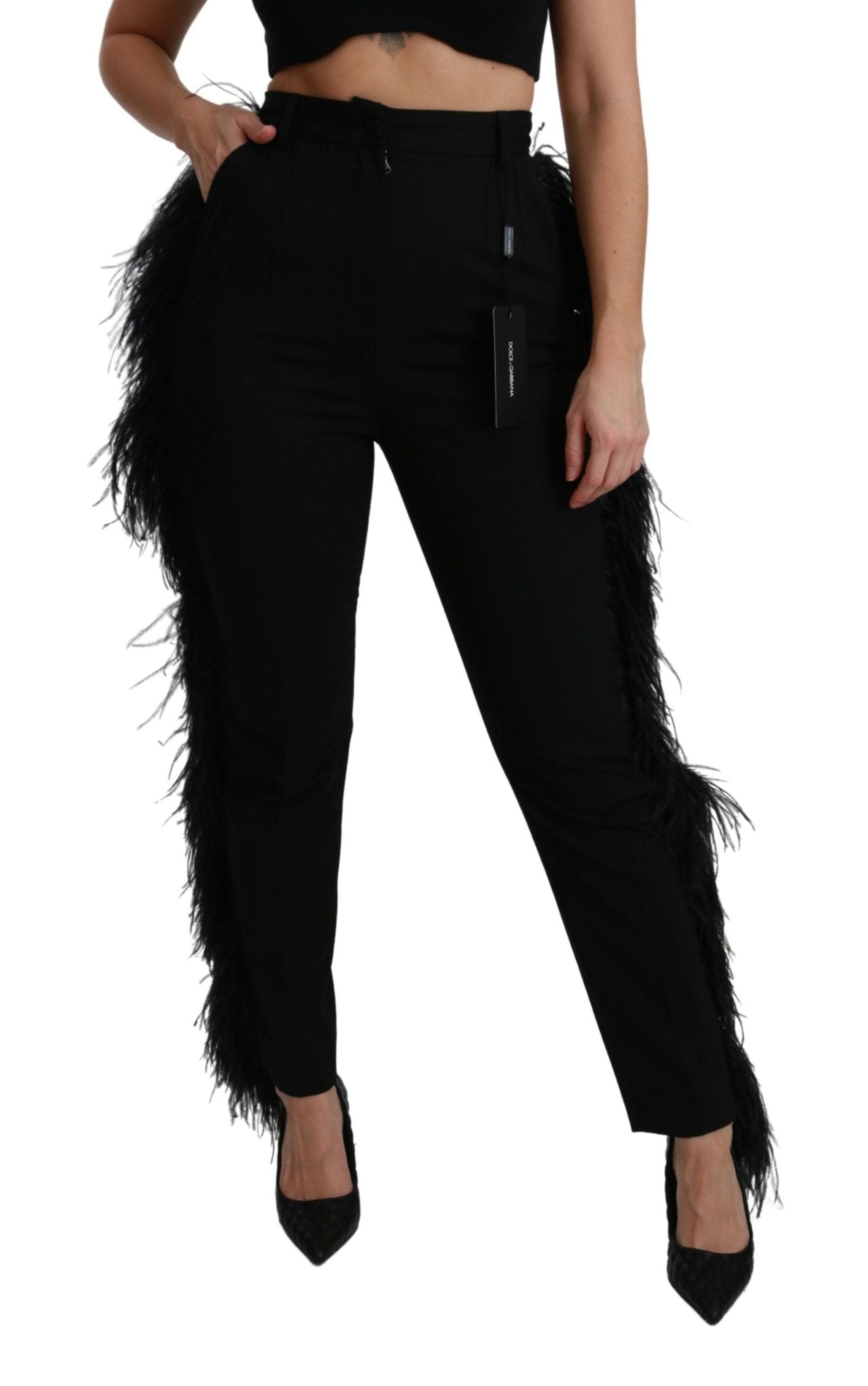 Dolce & Gabbana Black Feather Straight High Waist Wool Pants - Dani Dyers
