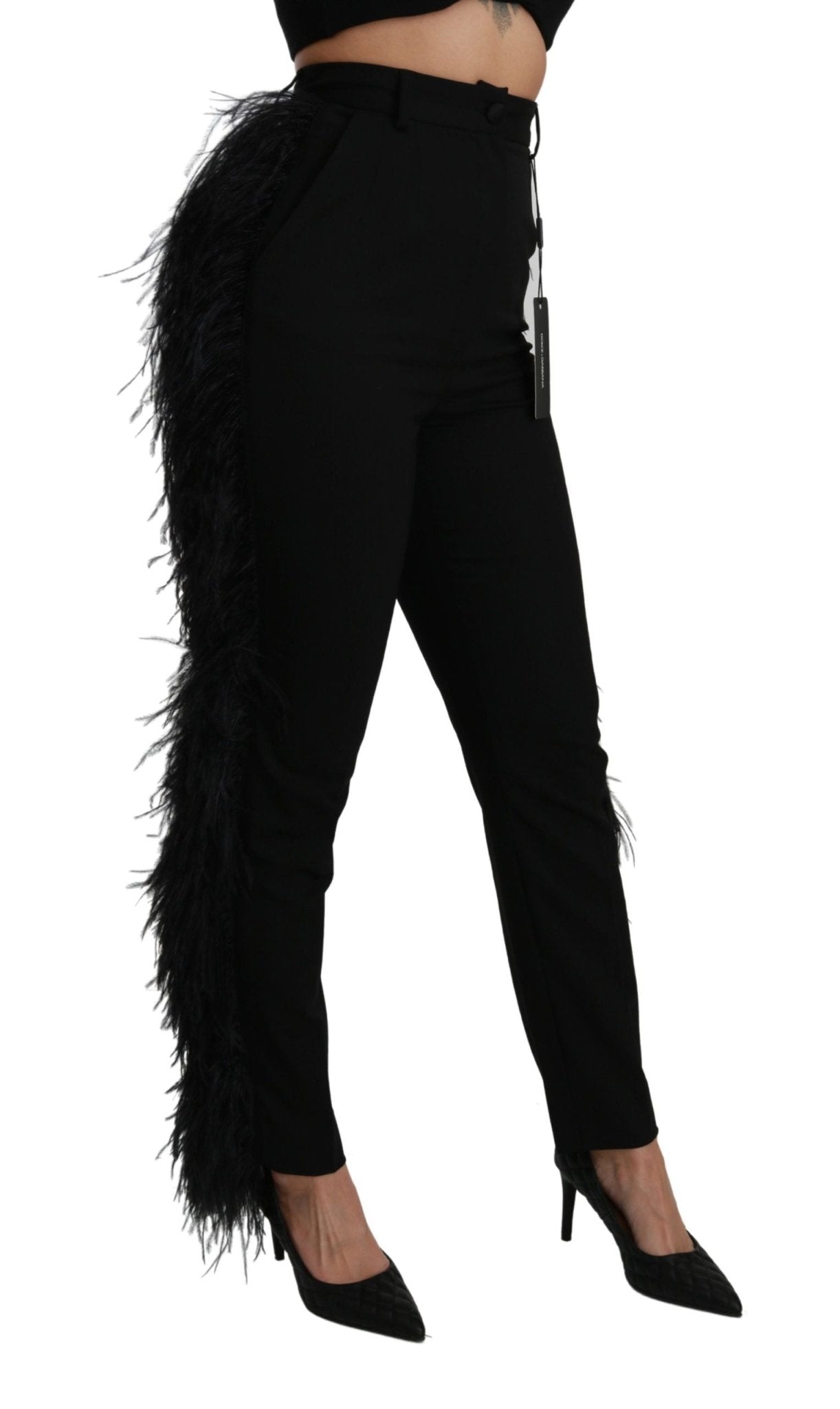 Dolce & Gabbana Black Feather Straight High Waist Wool Pants - Dani Dyers