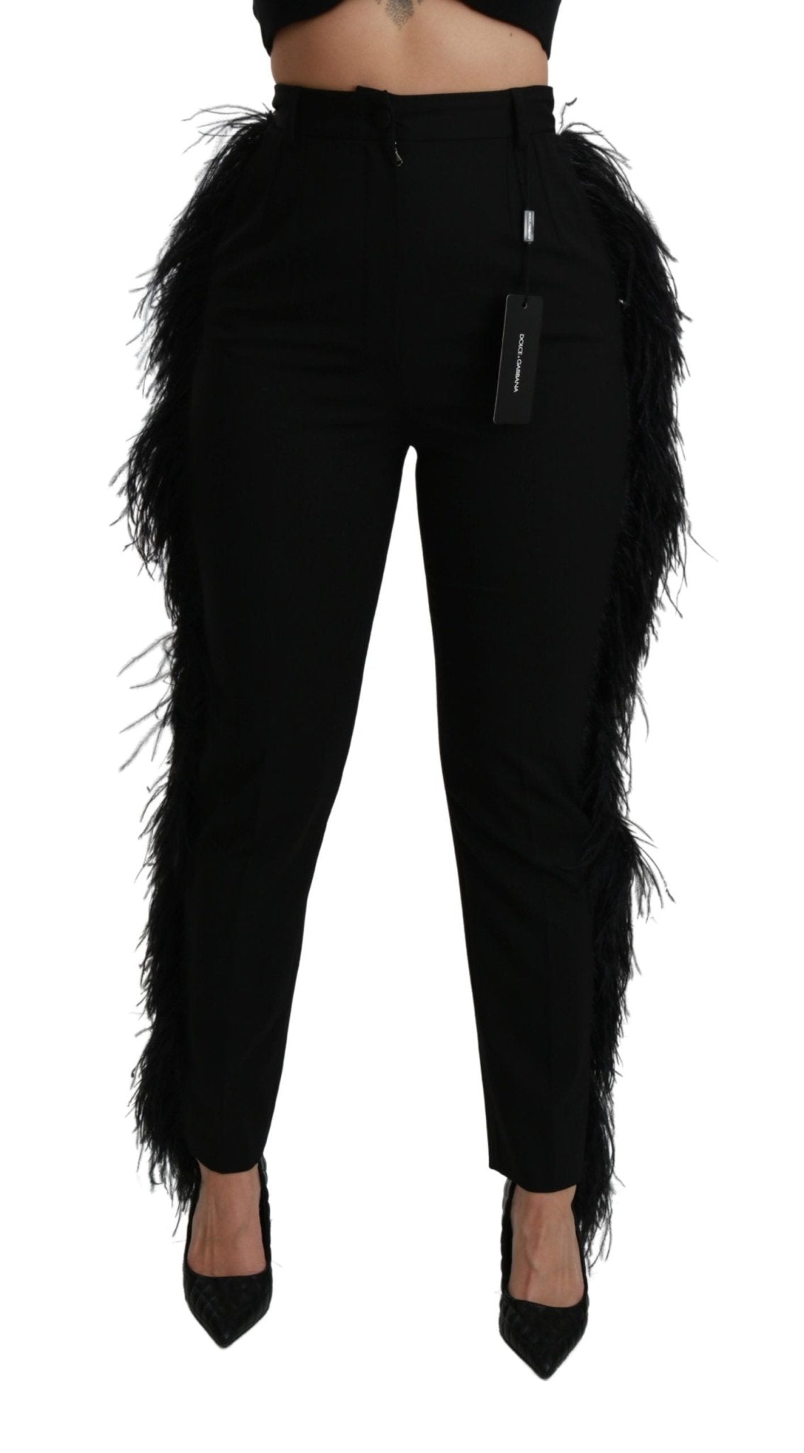 Dolce & Gabbana Black Feather Straight High Waist Wool Pants - Dani Dyers