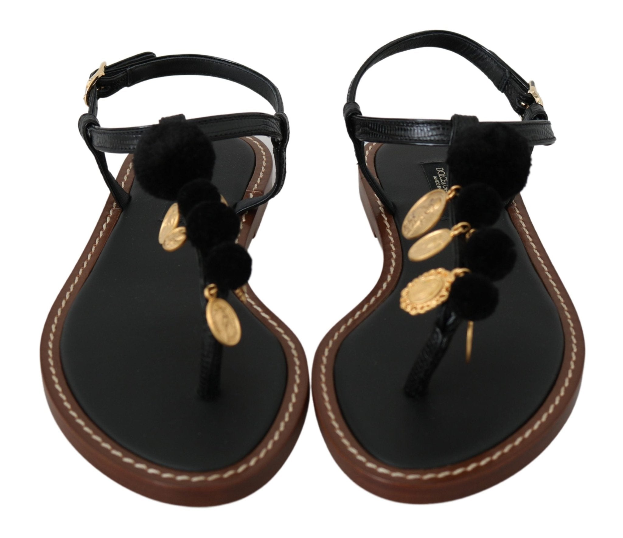 Dolce & Gabbana Black Leather Coins Flip Flops Sandals Shoes - Dani Dyers
