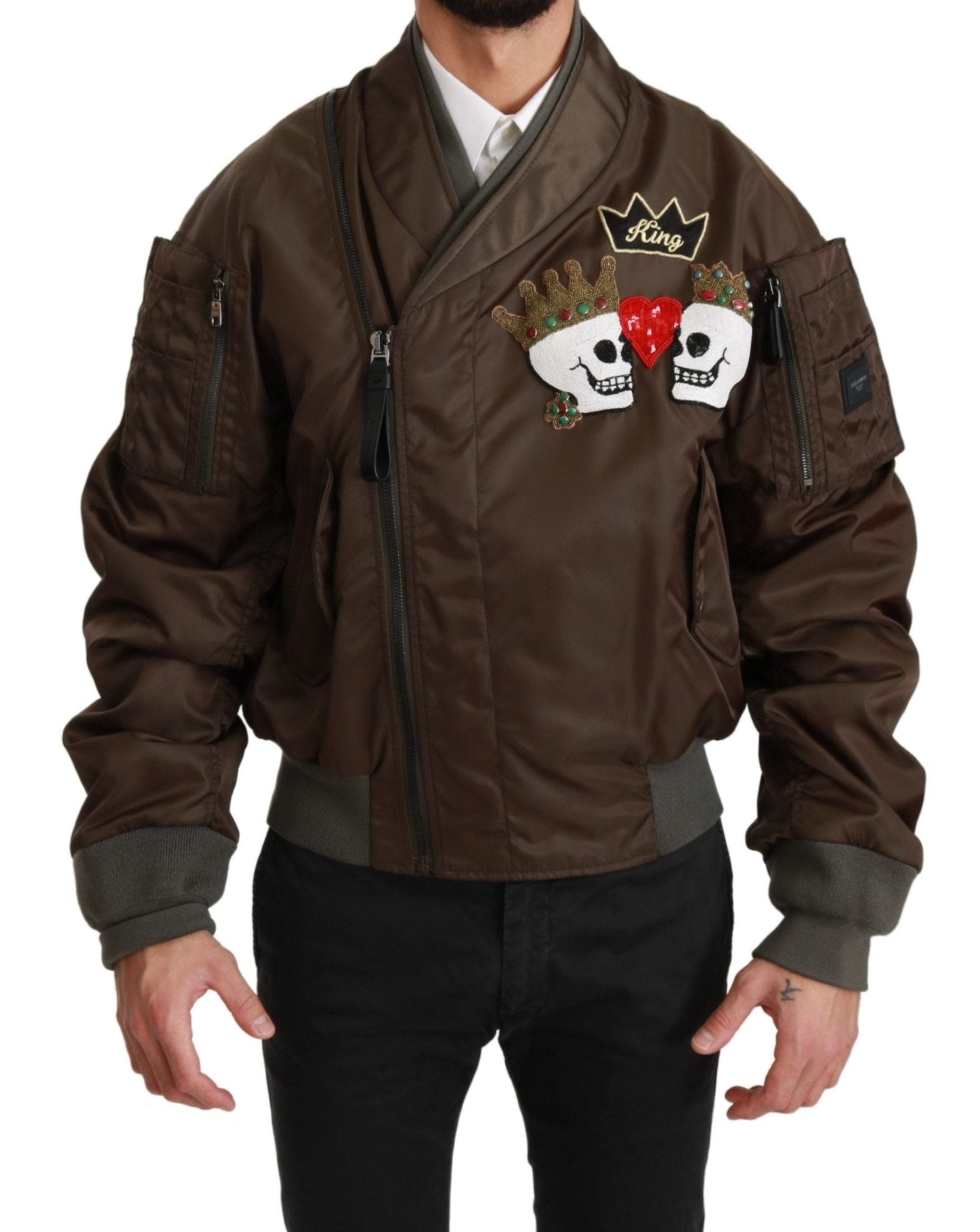 Dolce & Gabbana Brown Beaded Crown Skull Logo Jacket - Dani Dyers