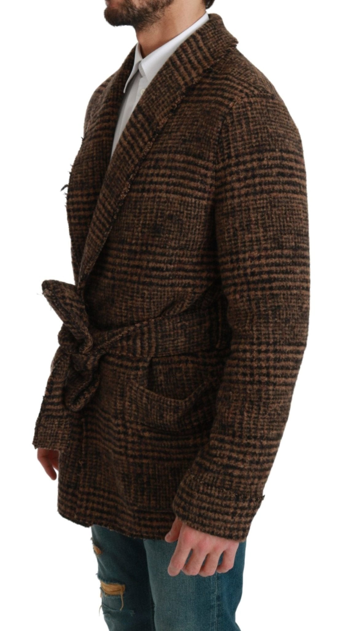 Dolce & Gabbana Brown Checkered Wool Robe Coat Wrap Jacket - Dani Dyers
