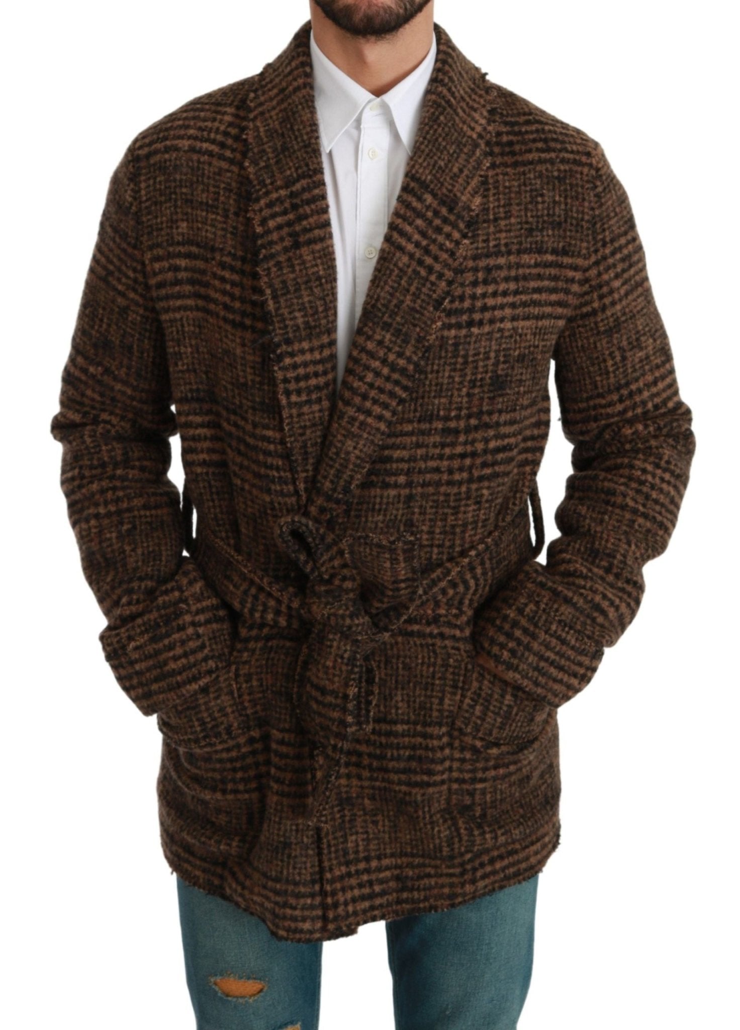 Dolce & Gabbana Brown Checkered Wool Robe Coat Wrap Jacket - Dani Dyers