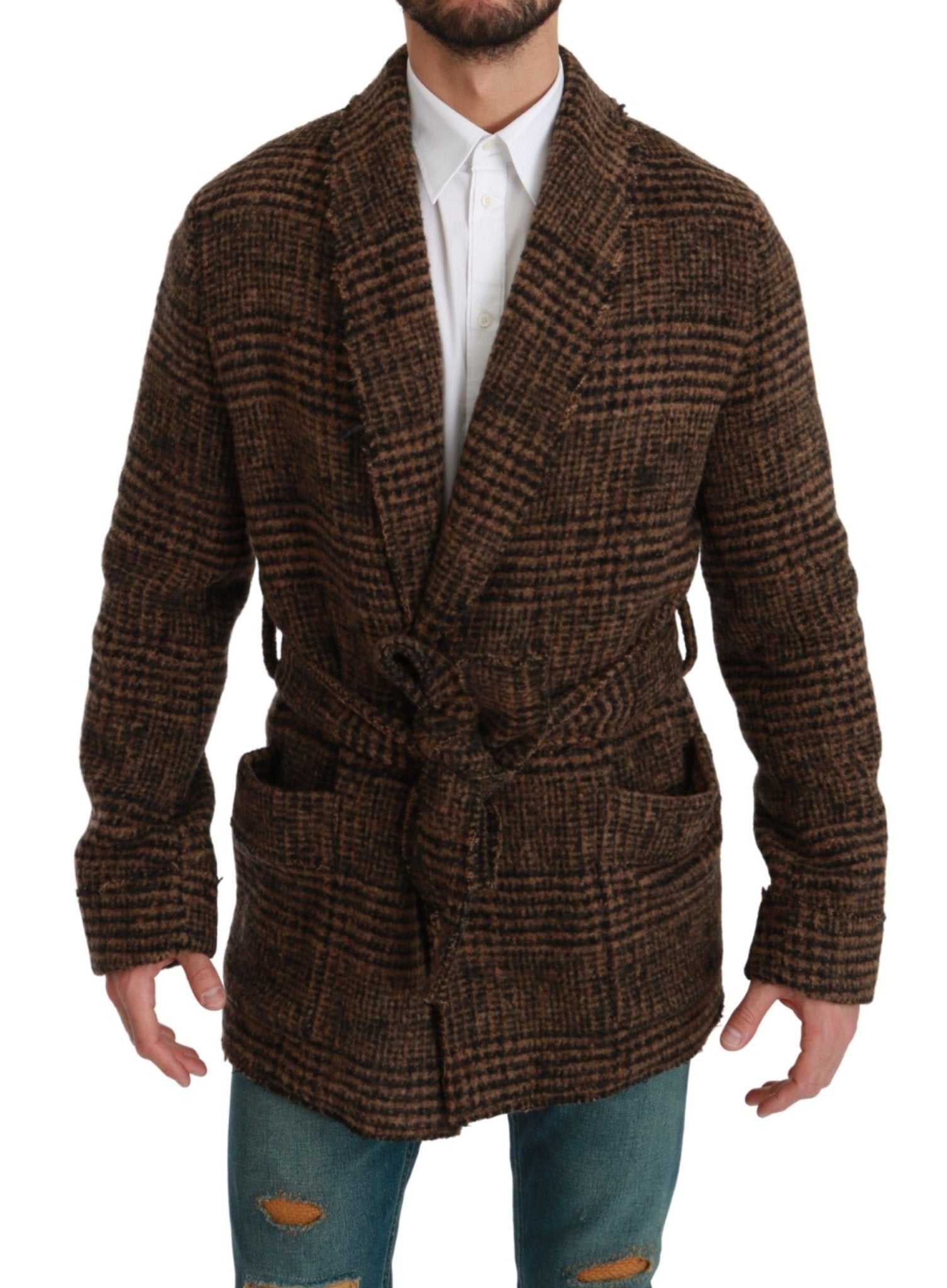 Dolce & Gabbana Brown Checkered Wool Robe Coat Wrap Jacket - Dani Dyers
