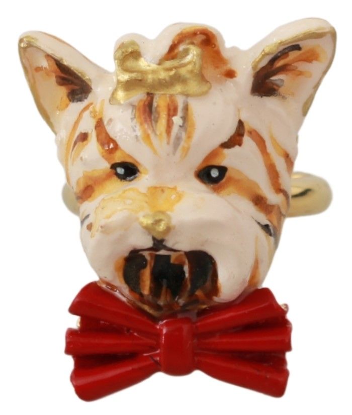 Dolce & Gabbana Gold Brass Resin Beige Dog Pet Branded Accessory Ring - Dani Dyers