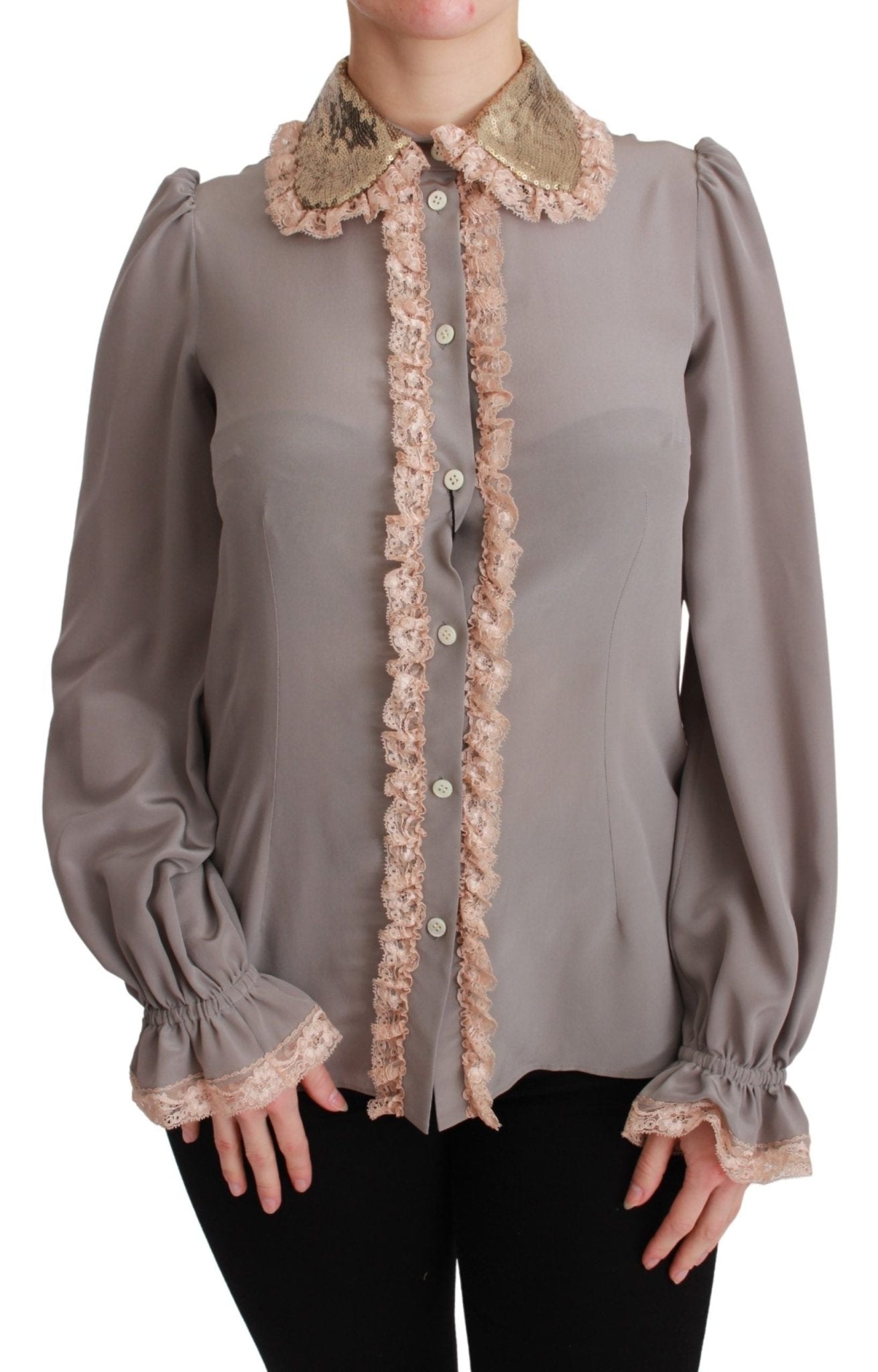 Dolce & Gabbana Gray Silk Gold Sequin Lace Blouse Shirt - Dani Dyers