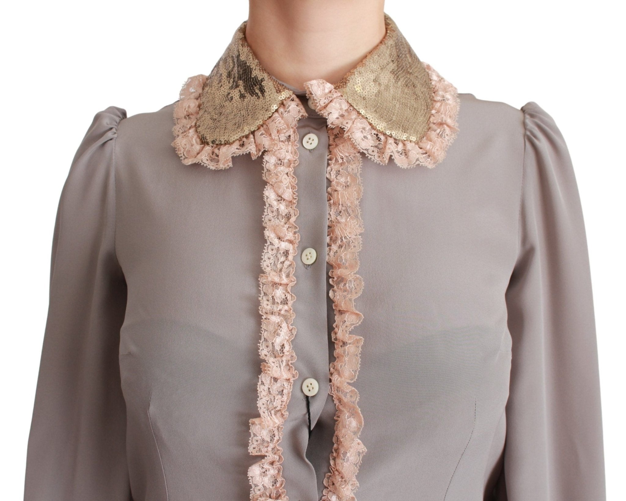 Dolce & Gabbana Gray Silk Gold Sequin Lace Blouse Shirt - Dani Dyers