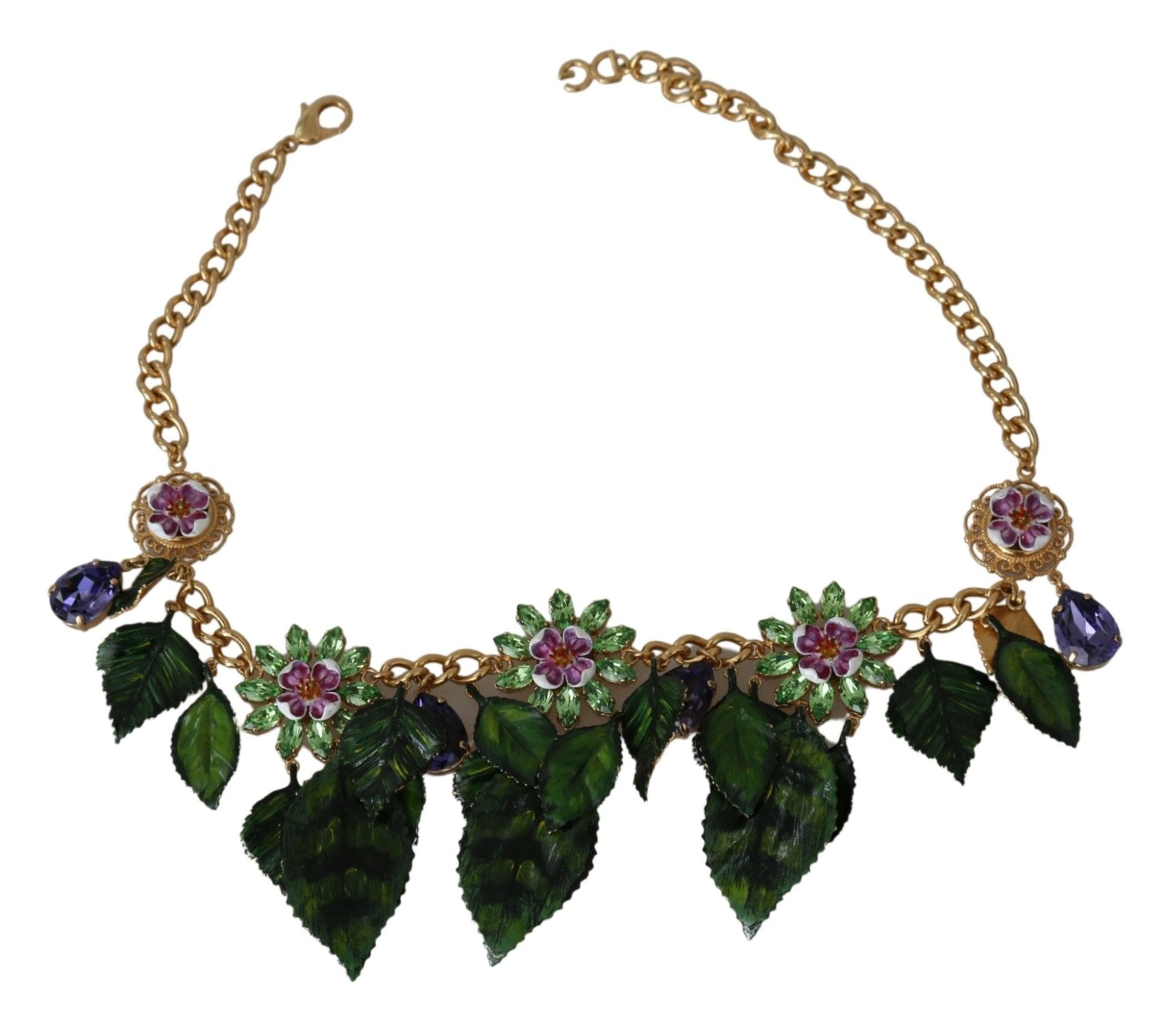 Dolce & Gabbana Green Leaves Gold Brass Crystal Flower Pendant Necklace - Dani Dyers