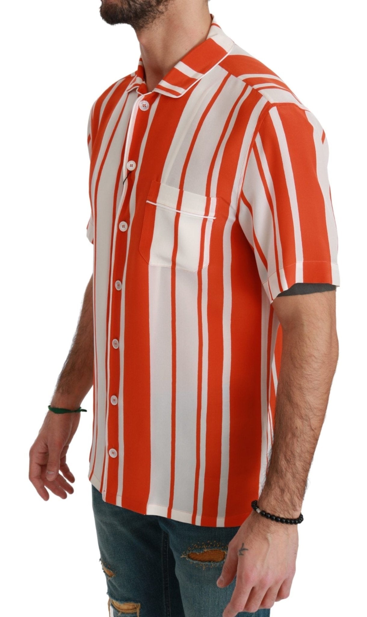 Dolce & Gabbana Orange Silk Striped Short Sleeve White Shirt - Dani Dyers