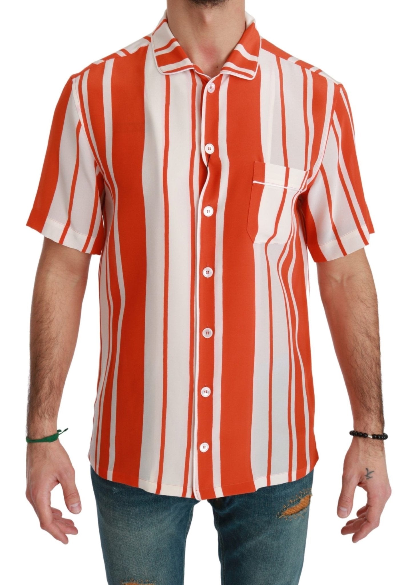 Dolce & Gabbana Orange Silk Striped Short Sleeve White Shirt - Dani Dyers