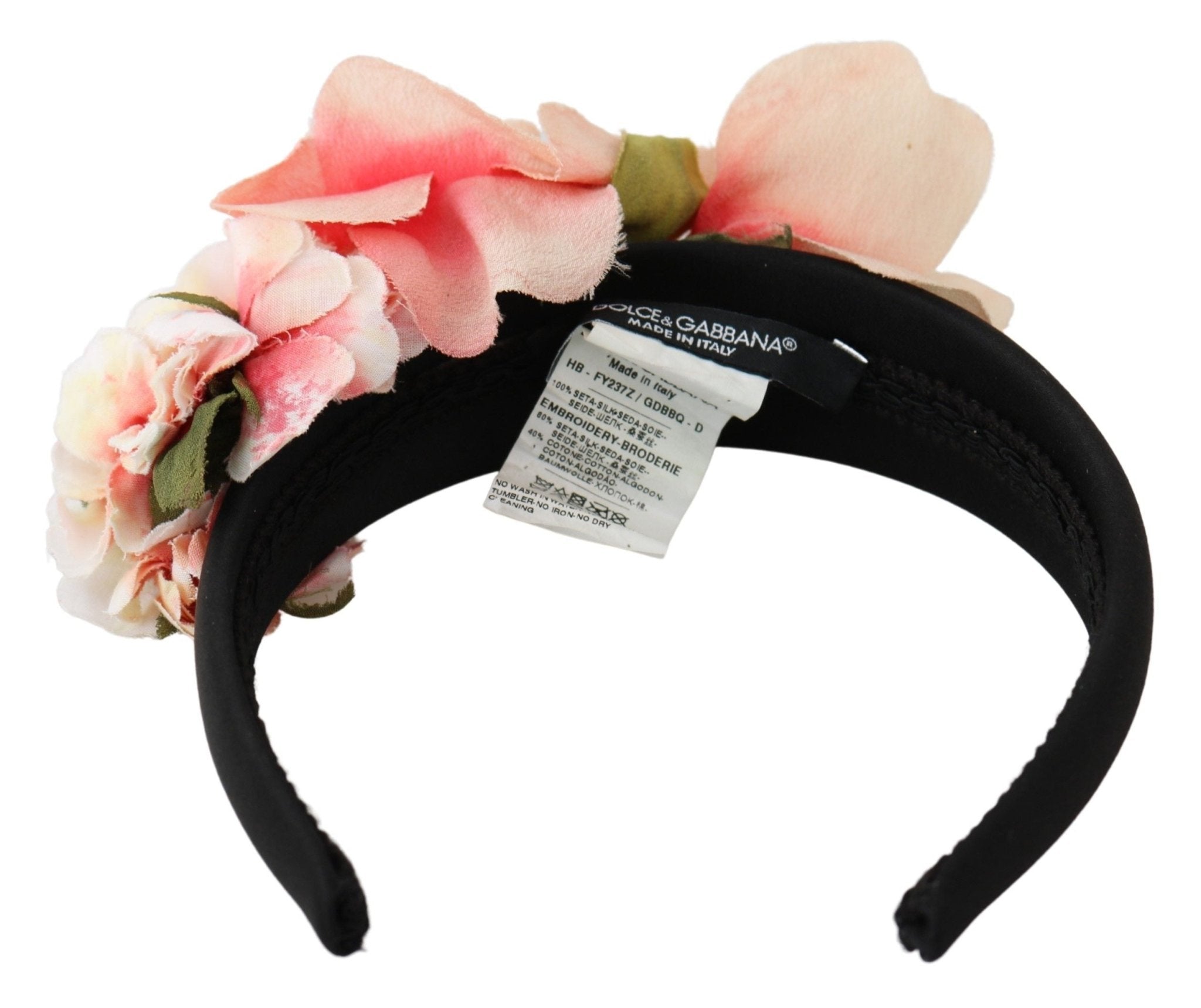 Dolce & Gabbana Pink Silk Black Floral Headband Logo Diadem - Dani Dyers