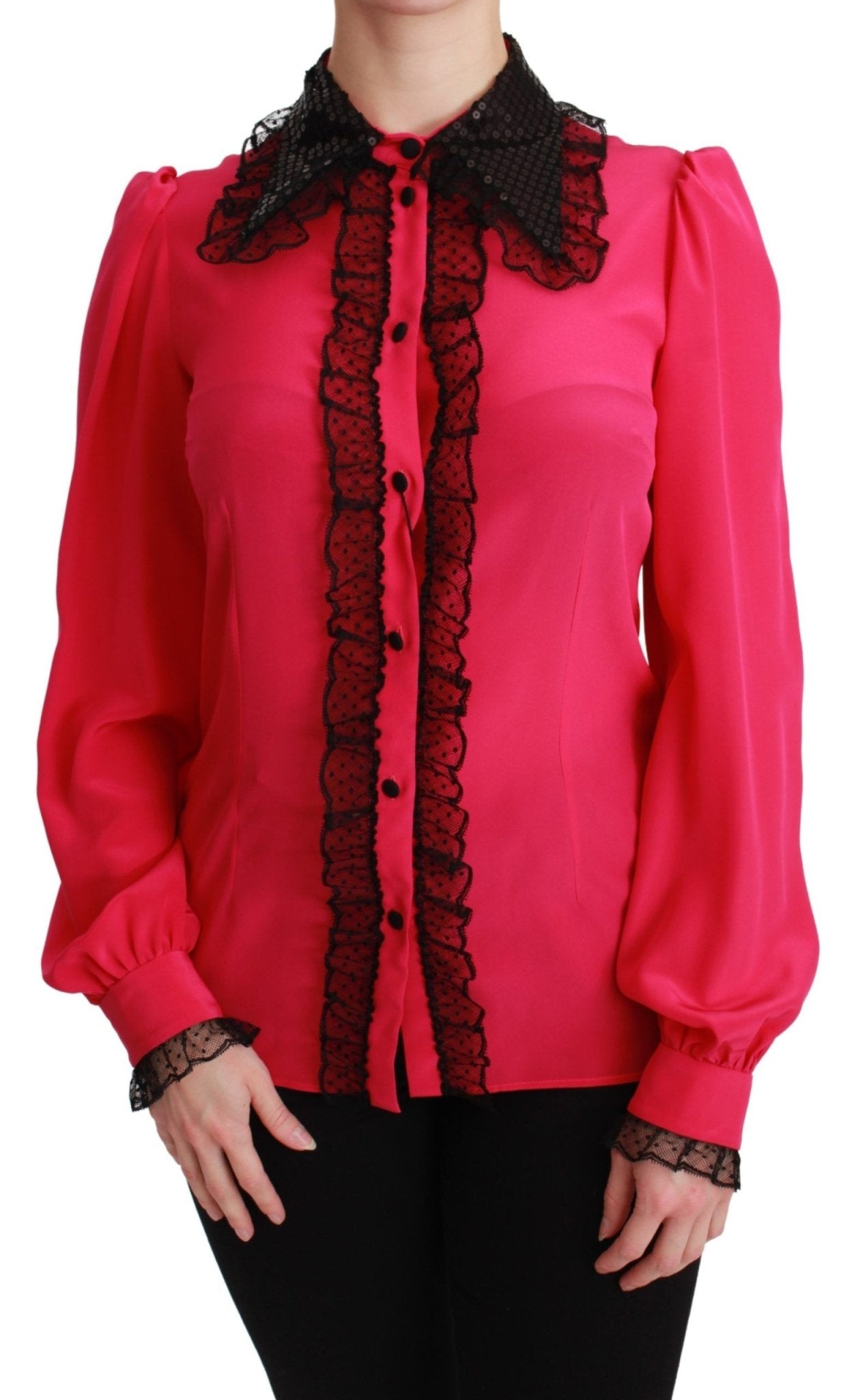 Dolce & Gabbana Pink Silk Black Sequin Lace Shirt Blouse - Dani Dyers
