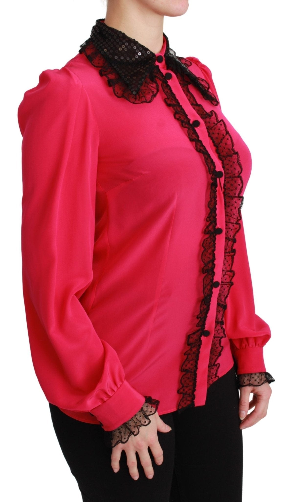 Dolce & Gabbana Pink Silk Black Sequin Lace Shirt Blouse - Dani Dyers
