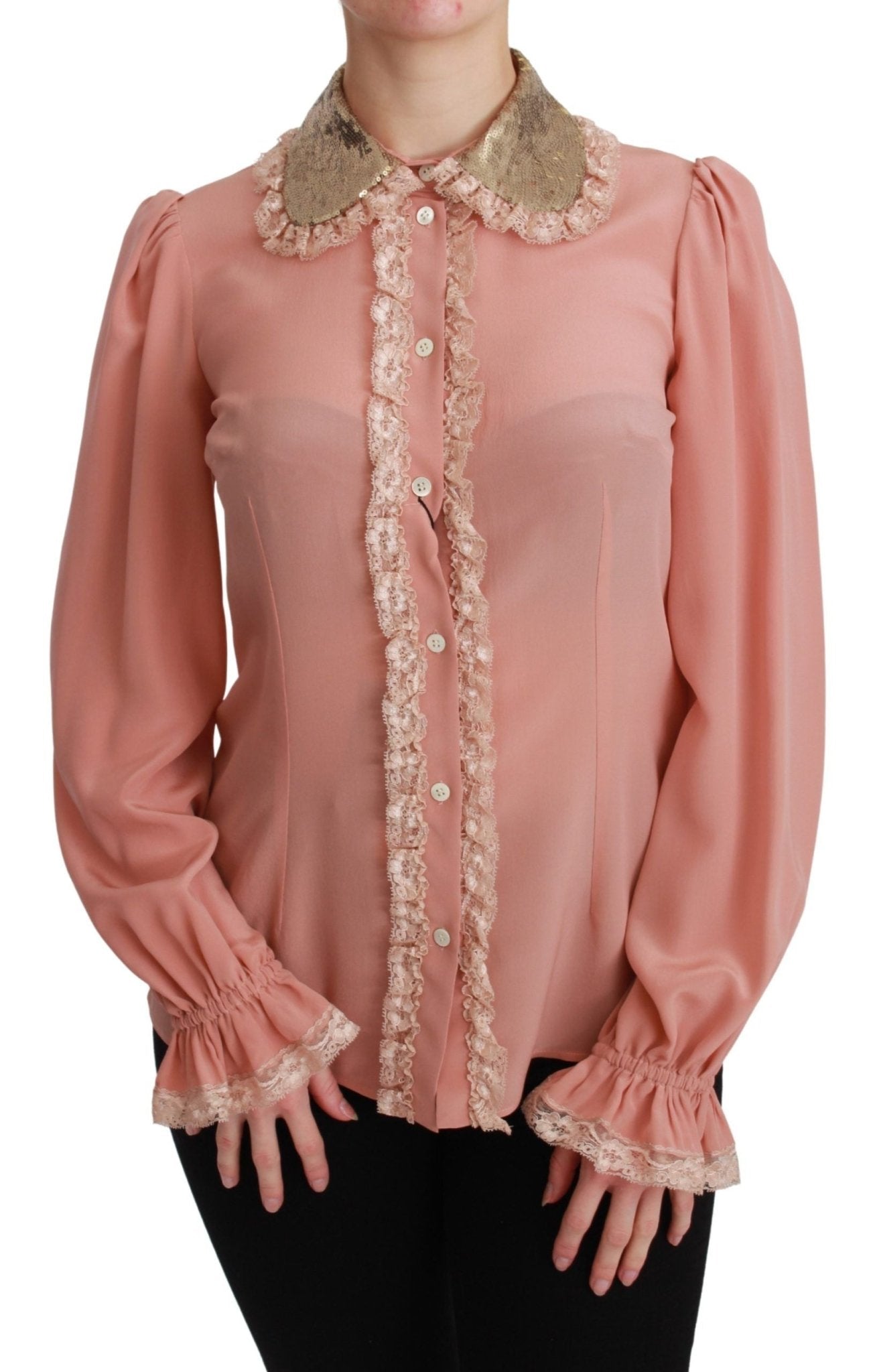 Dolce & Gabbana Pink Silk Gold Sequin Lace Blouse Shirt - Dani Dyers