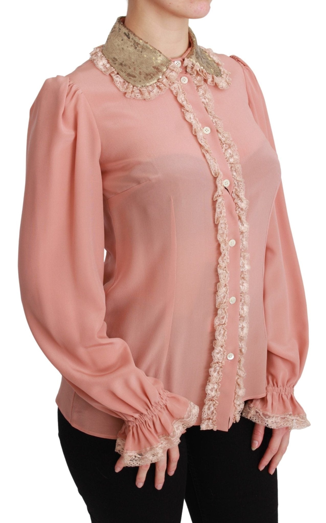Dolce & Gabbana Pink Silk Gold Sequin Lace Blouse Shirt - Dani Dyers