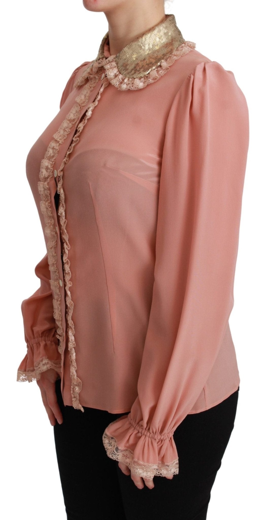 Dolce & Gabbana Pink Silk Gold Sequin Lace Blouse Shirt - Dani Dyers
