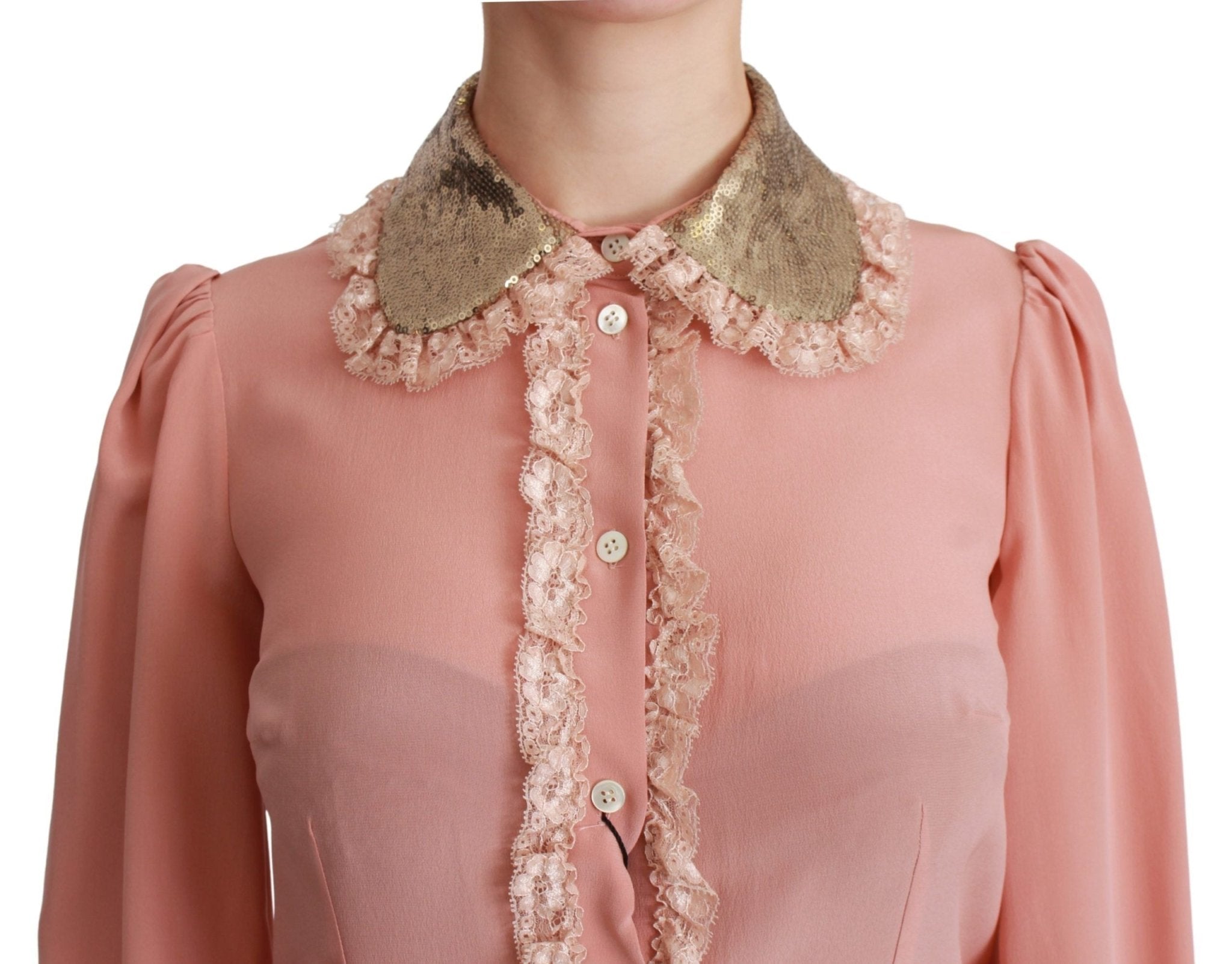 Dolce & Gabbana Pink Silk Gold Sequin Lace Blouse Shirt - Dani Dyers