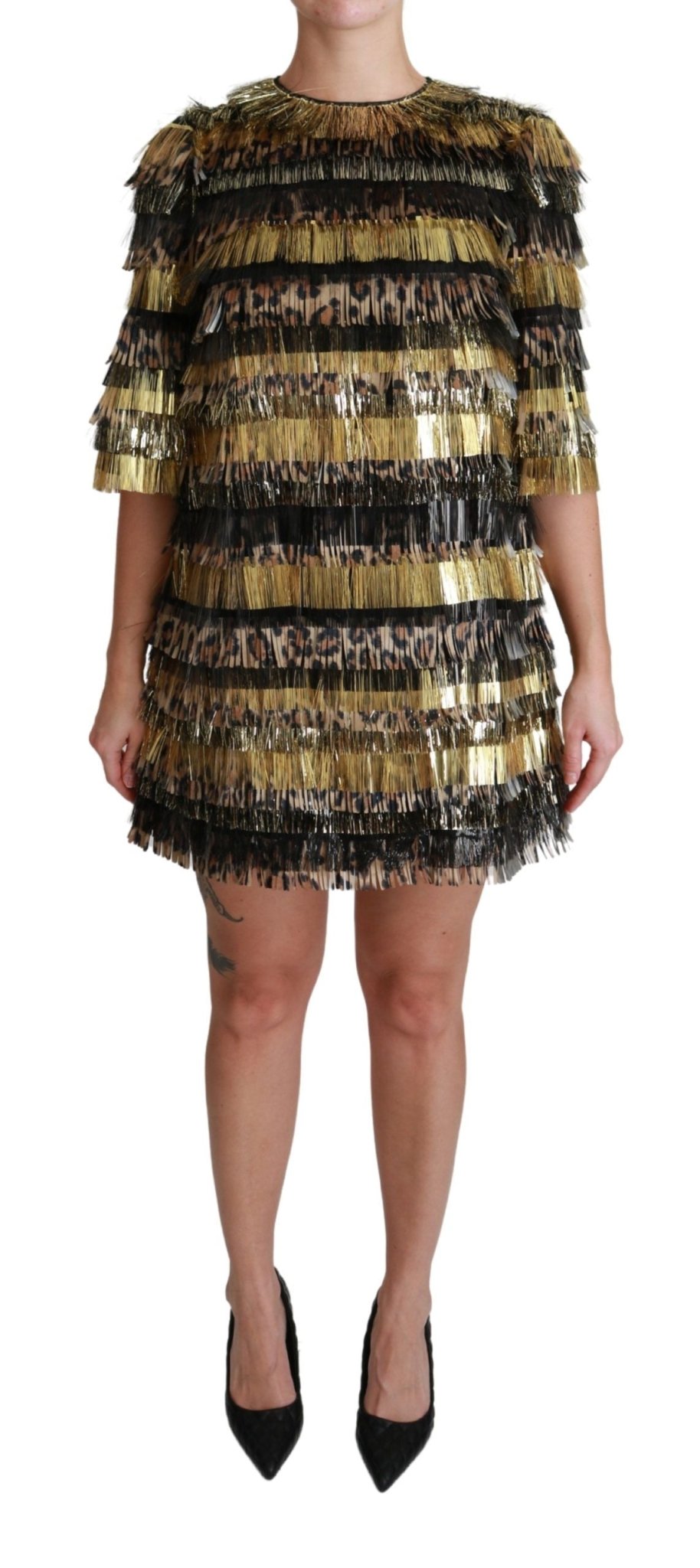 Dolce & Gabbana Polyester Black Gold Leopard Shift Mini Dress - Dani Dyers