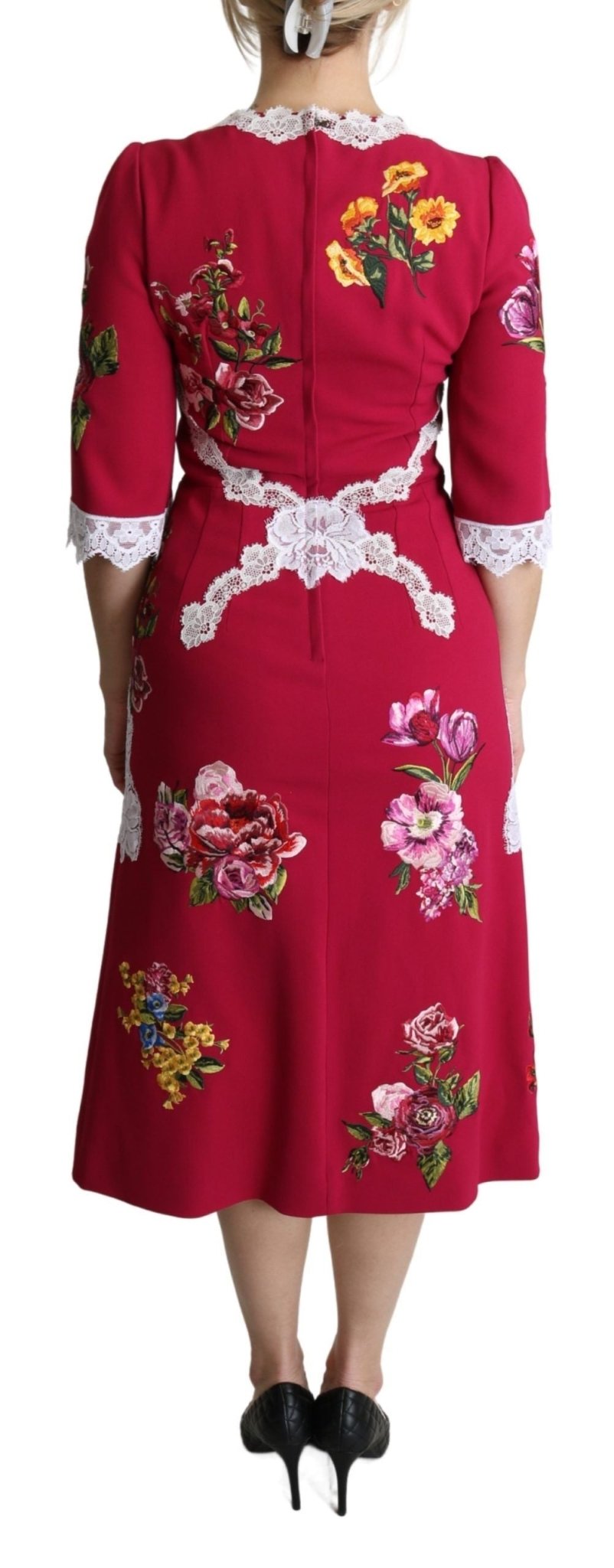 Dolce & Gabbana Red Floral Embroidered Sheath Midi Dress - Dani Dyers