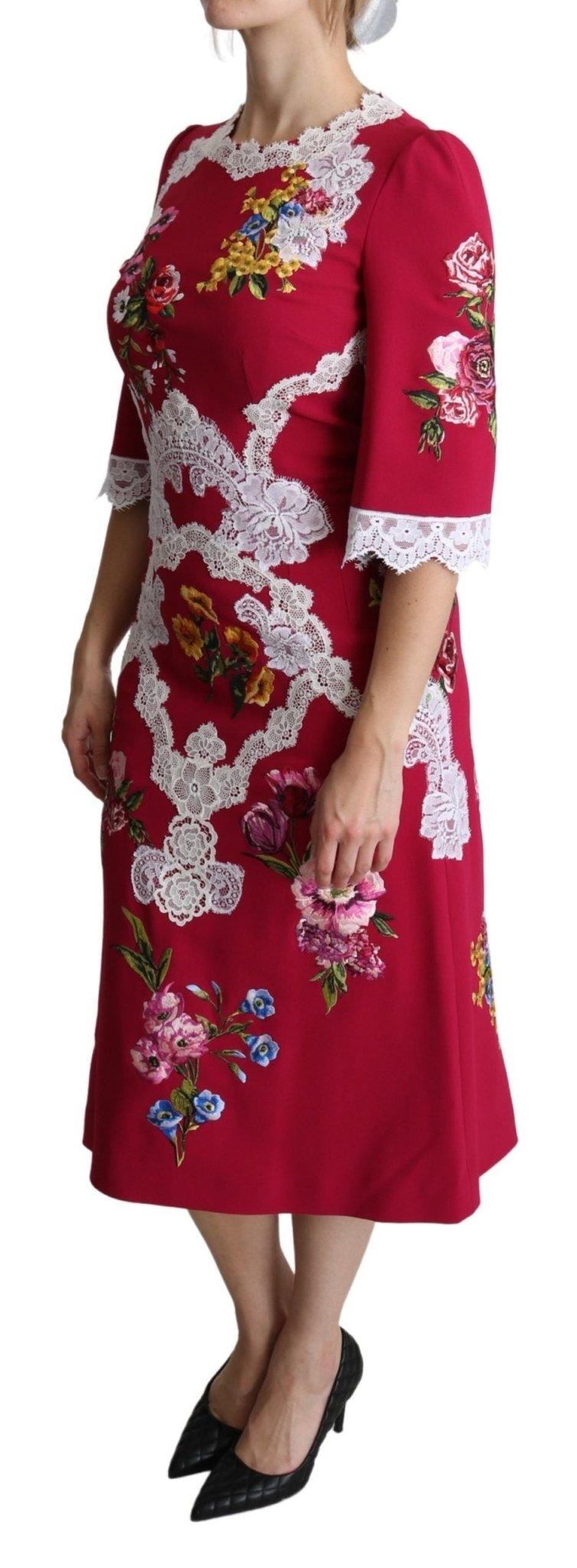 Dolce & Gabbana Red Floral Embroidered Sheath Midi Dress - Dani Dyers