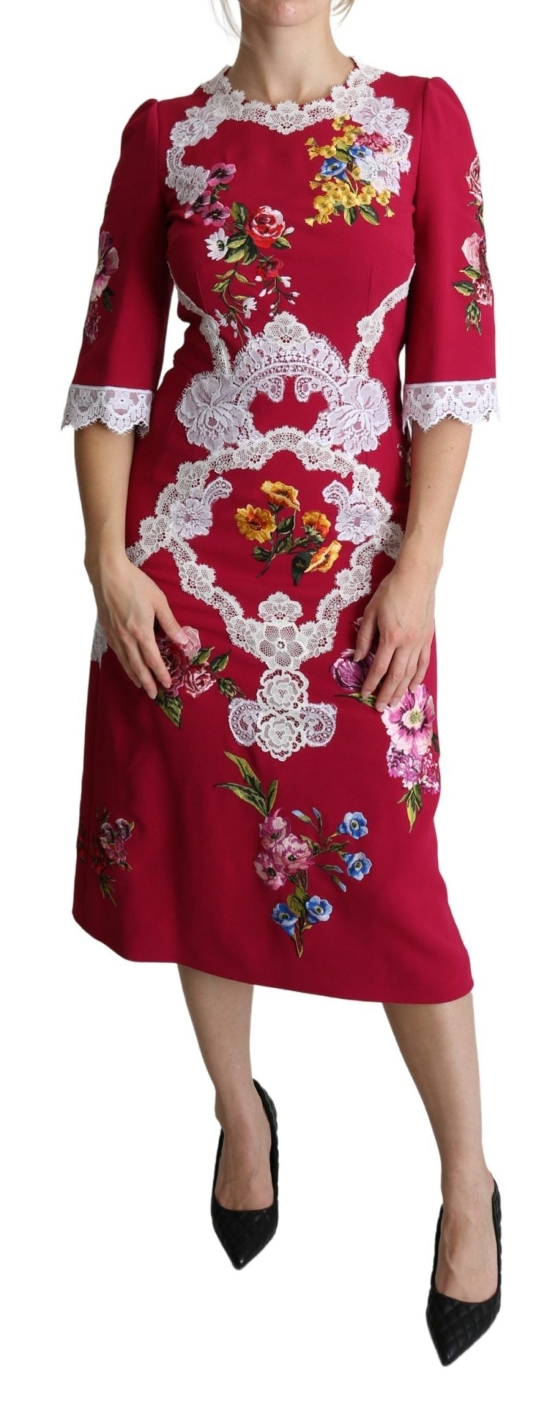 Dolce & Gabbana Red Floral Embroidered Sheath Midi Dress - Dani Dyers
