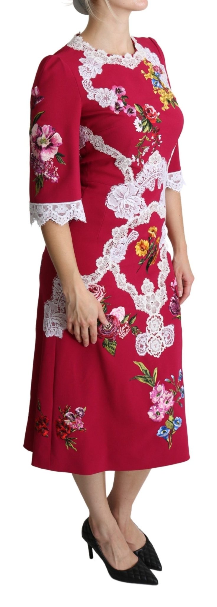 Dolce & Gabbana Red Floral Embroidered Sheath Midi Dress - Dani Dyers