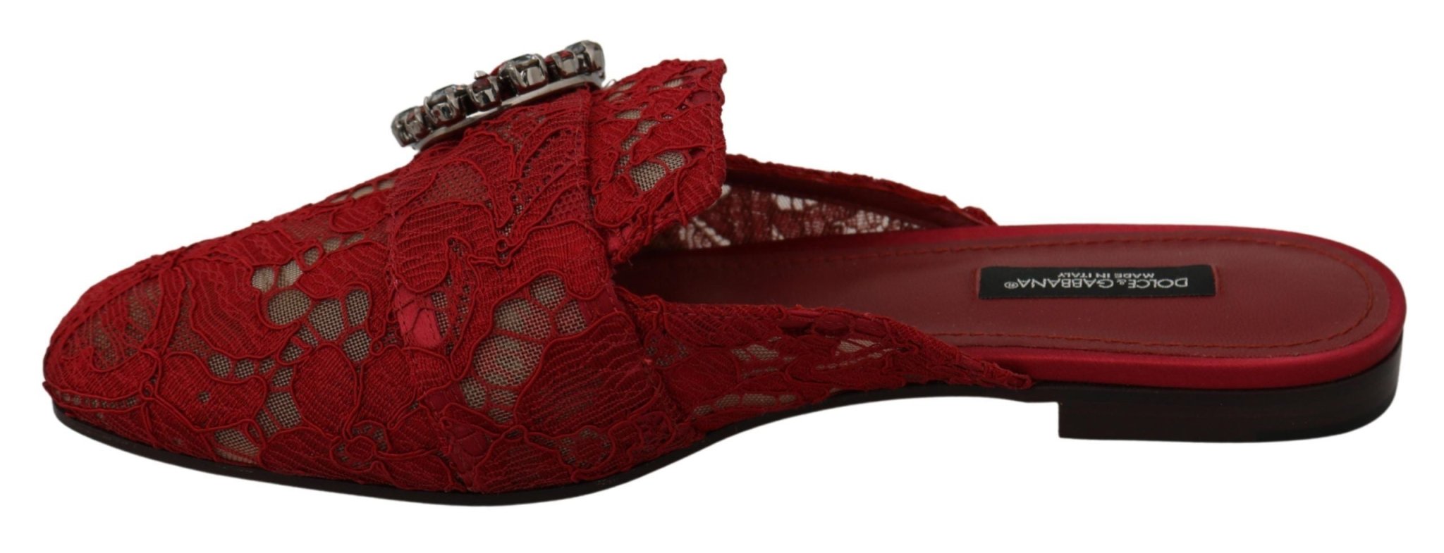 Dolce & Gabbana Red Lace Crystal Slide On Flats Shoes - Dani Dyers