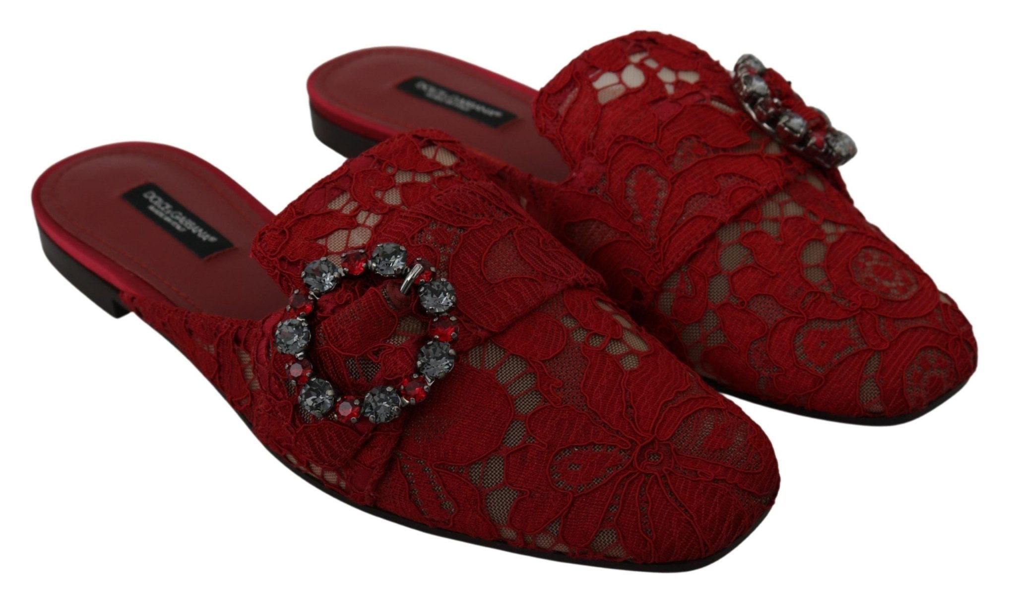 Dolce & Gabbana Red Lace Crystal Slide On Flats Shoes - Dani Dyers