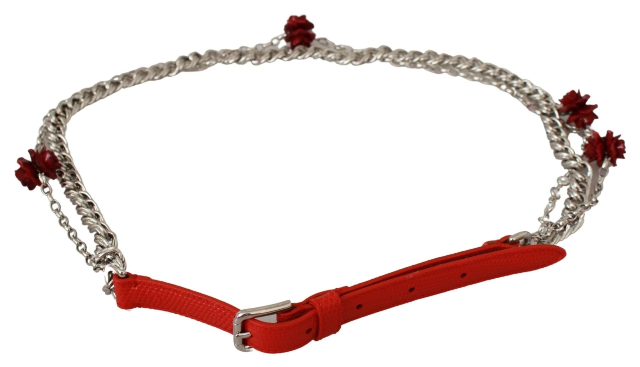 Dolce & Gabbana Red Leather Roses Floral Silver Waist Belt - Dani Dyers