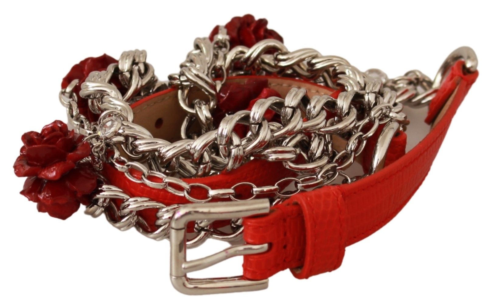 Dolce & Gabbana Red Leather Roses Floral Silver Waist Belt - Dani Dyers