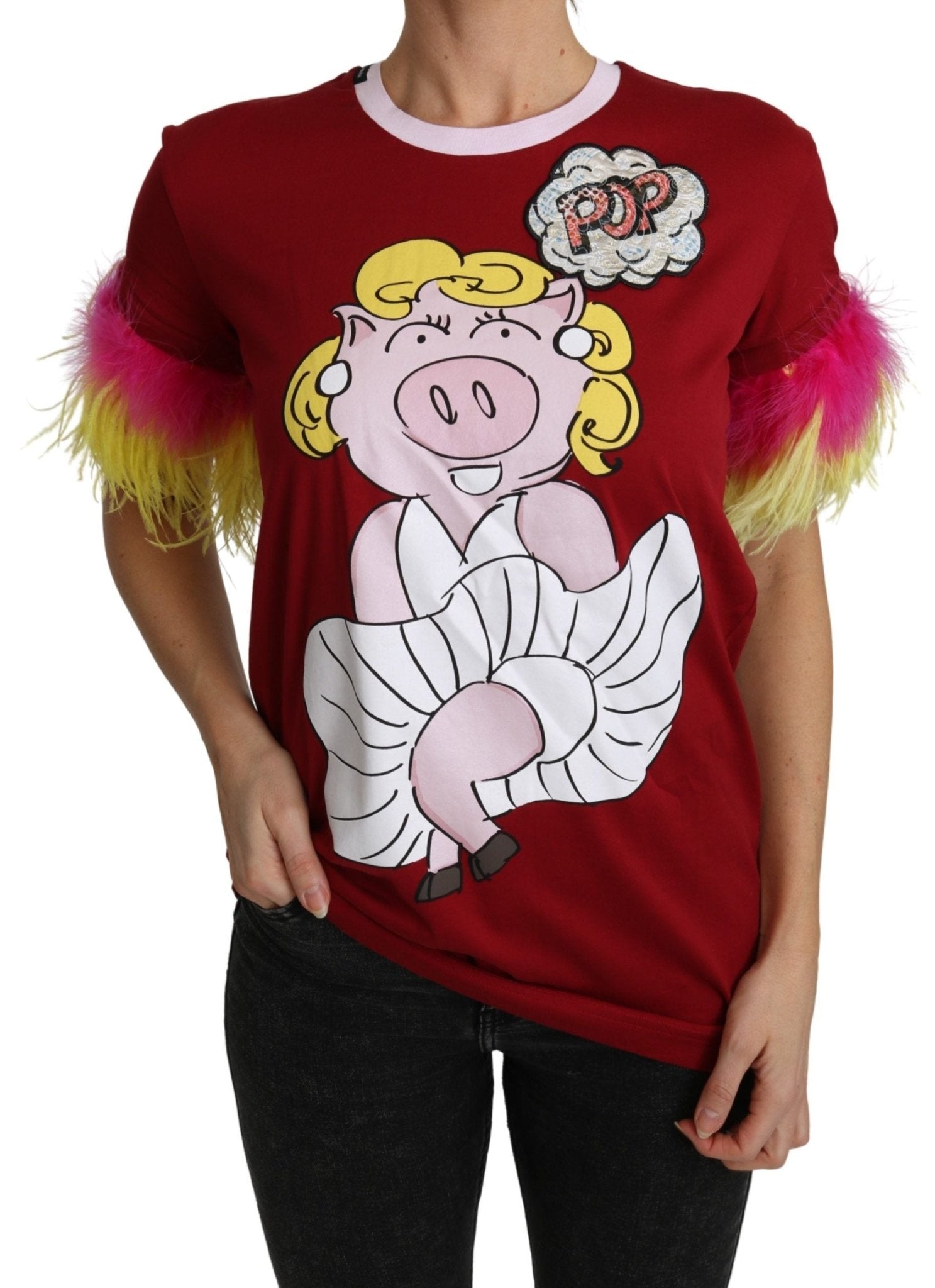 Dolce & Gabbana Red Pig Print Feather Sleeves T-shirt Top - Dani Dyers