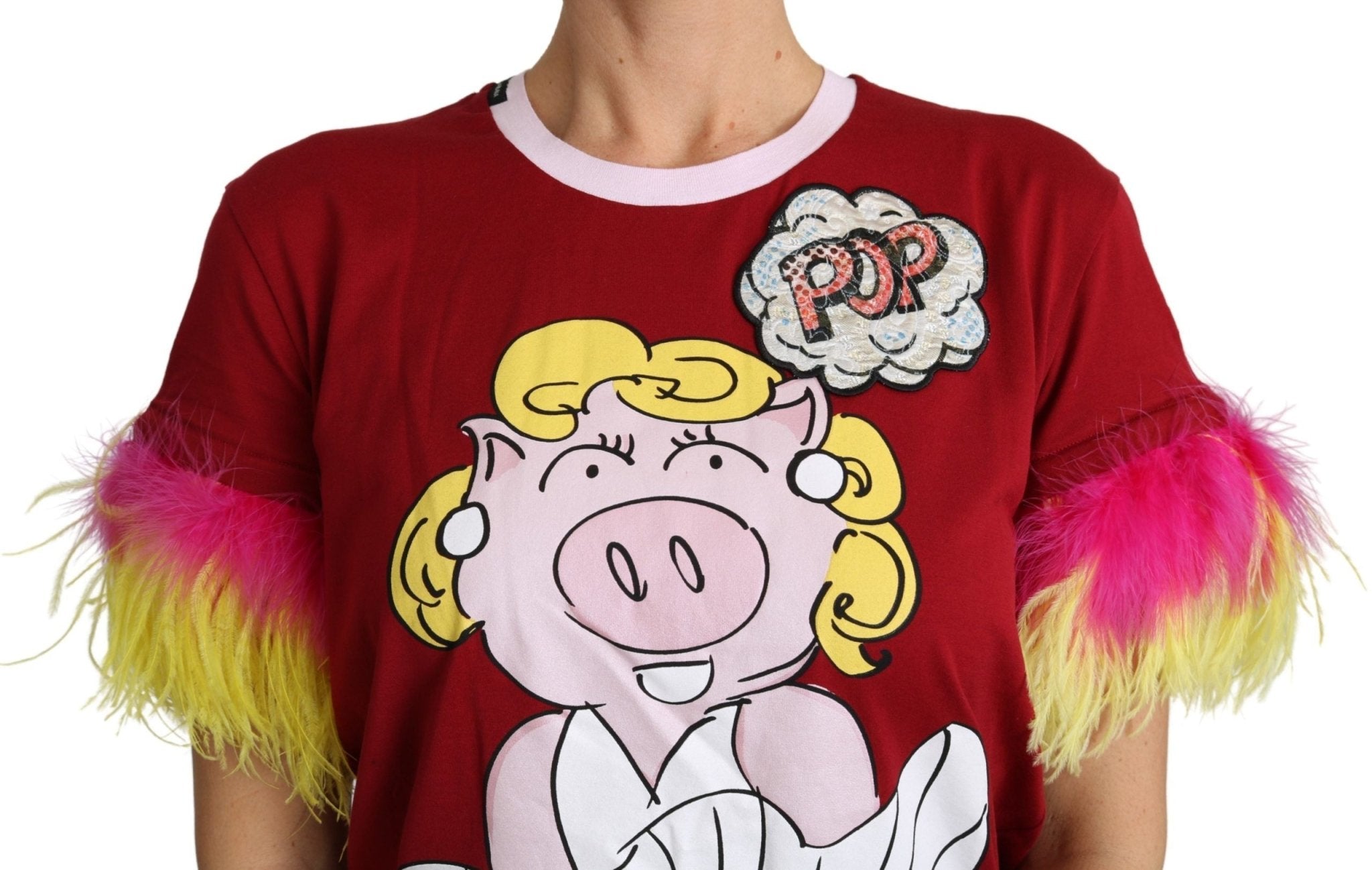 Dolce & Gabbana Red Pig Print Feather Sleeves T-shirt Top - Dani Dyers