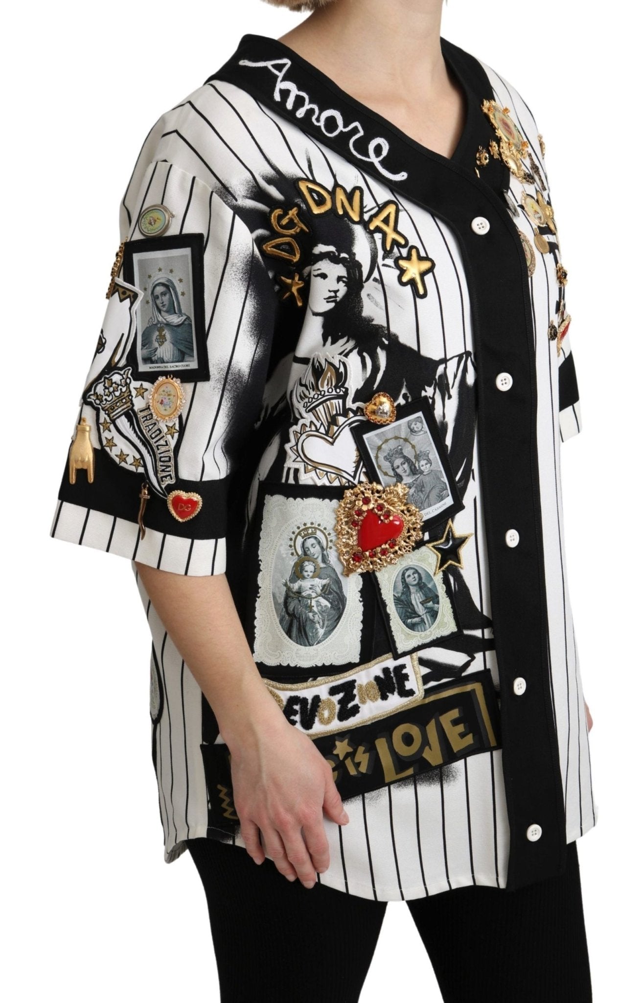 Dolce & Gabbana White and black Blouse Cotton Crystal Charms Amore Shirt - Dani Dyers
