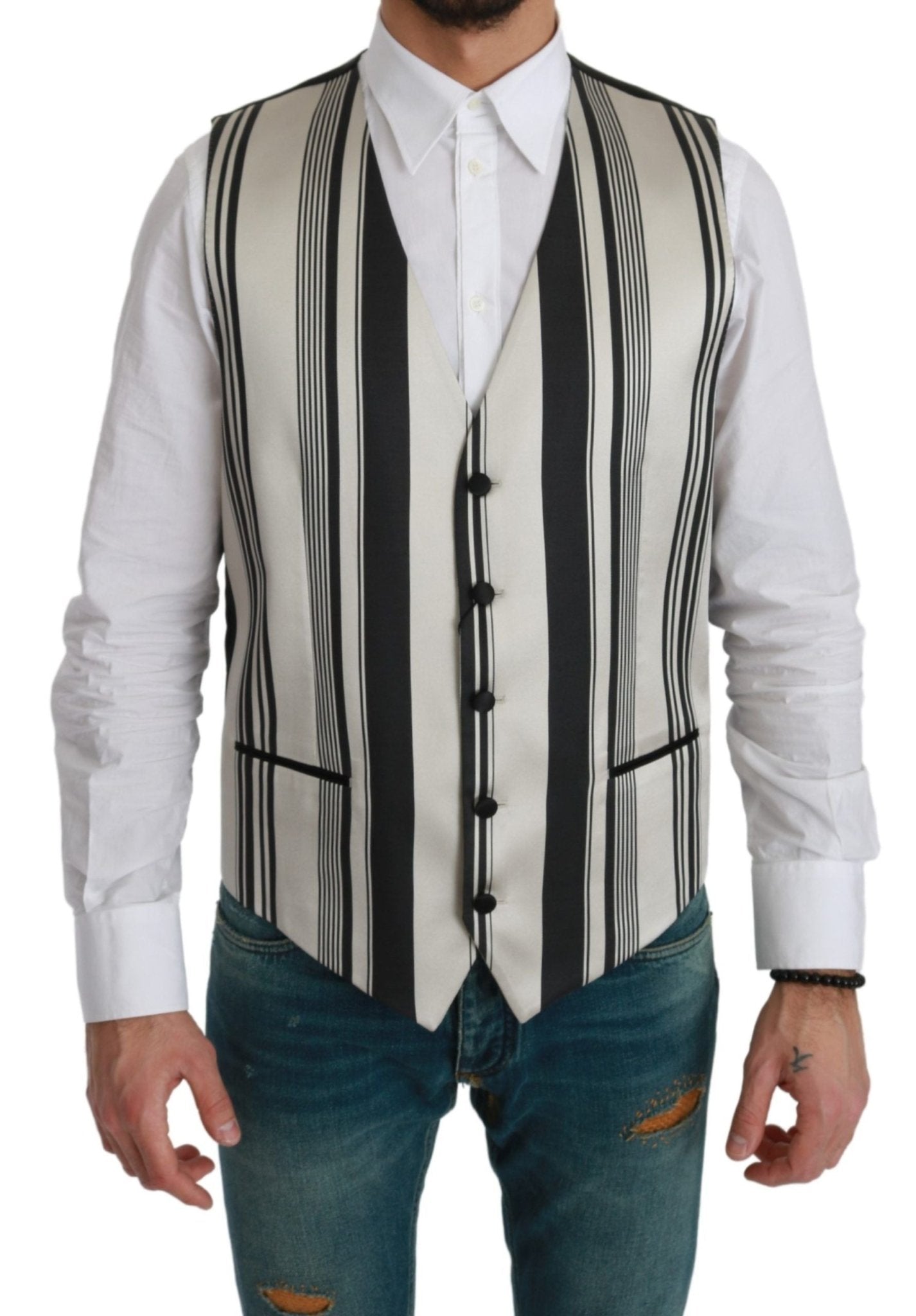 Dolce & Gabbana White Black Stripes Waistcoat Formal Vest - Dani Dyers