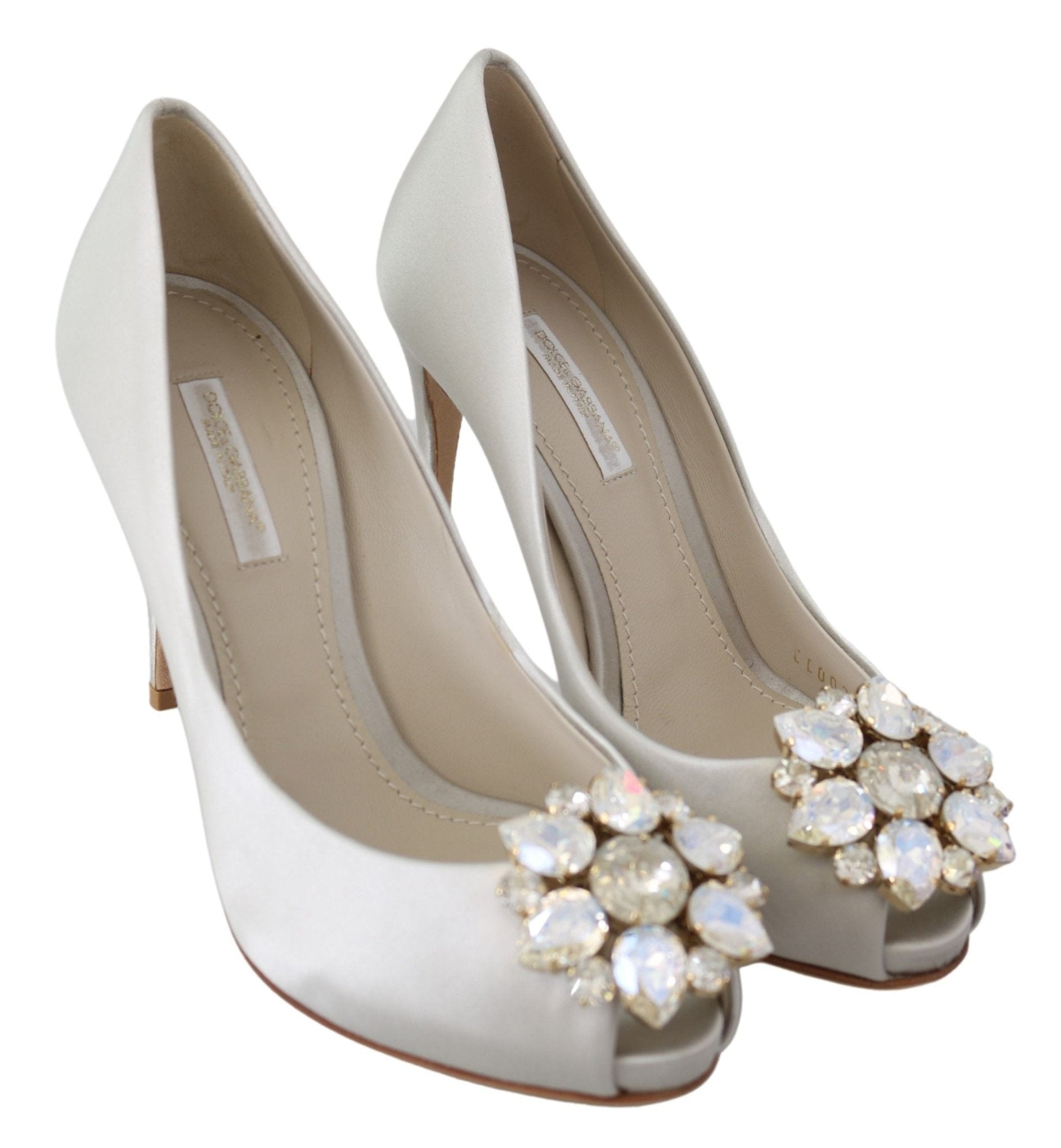 Dolce & Gabbana White Crystals Peep Toe Heels Satin Pumps Shoes - Dani Dyers