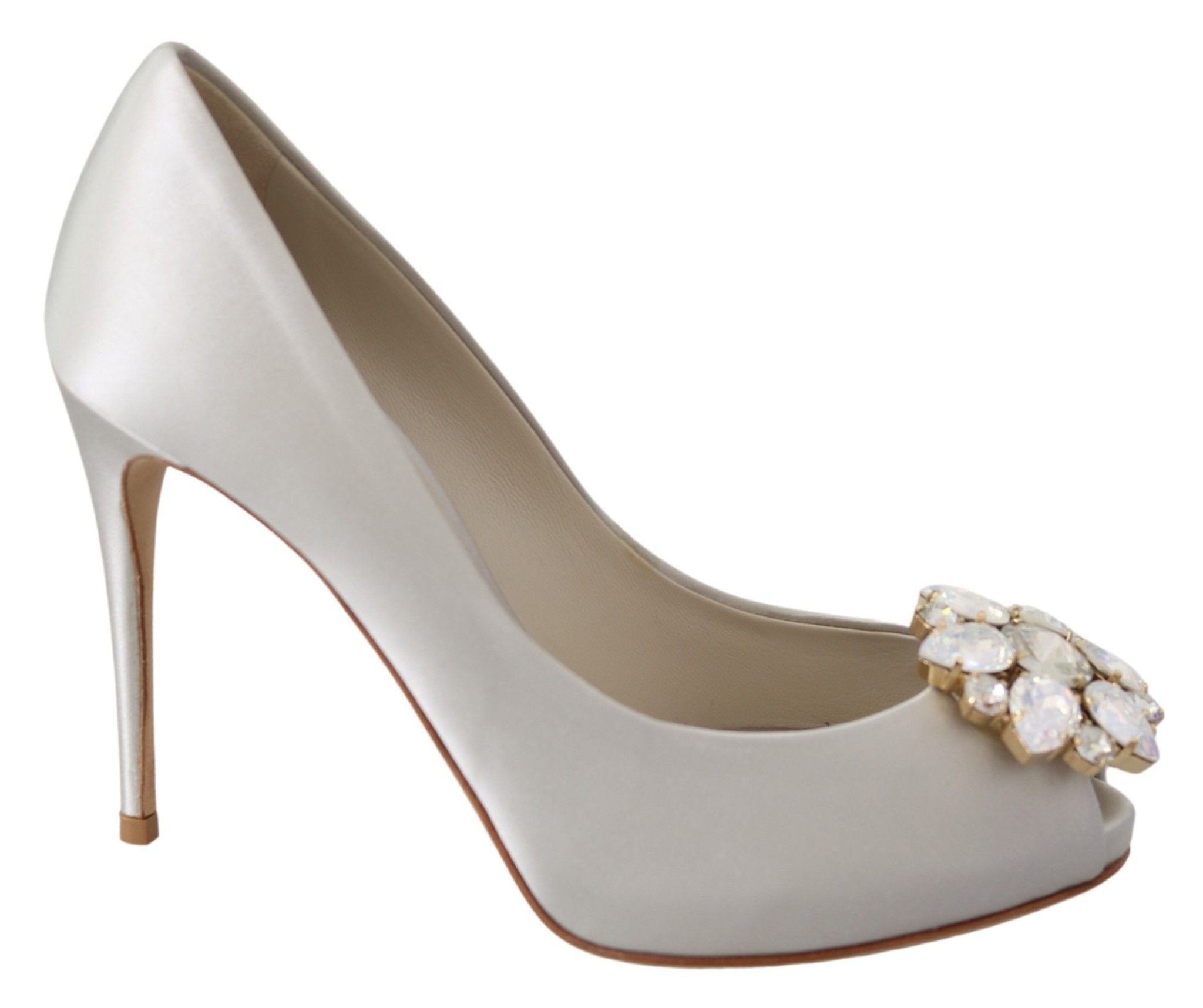 Dolce & Gabbana White Crystals Peep Toe Heels Satin Pumps Shoes - Dani Dyers