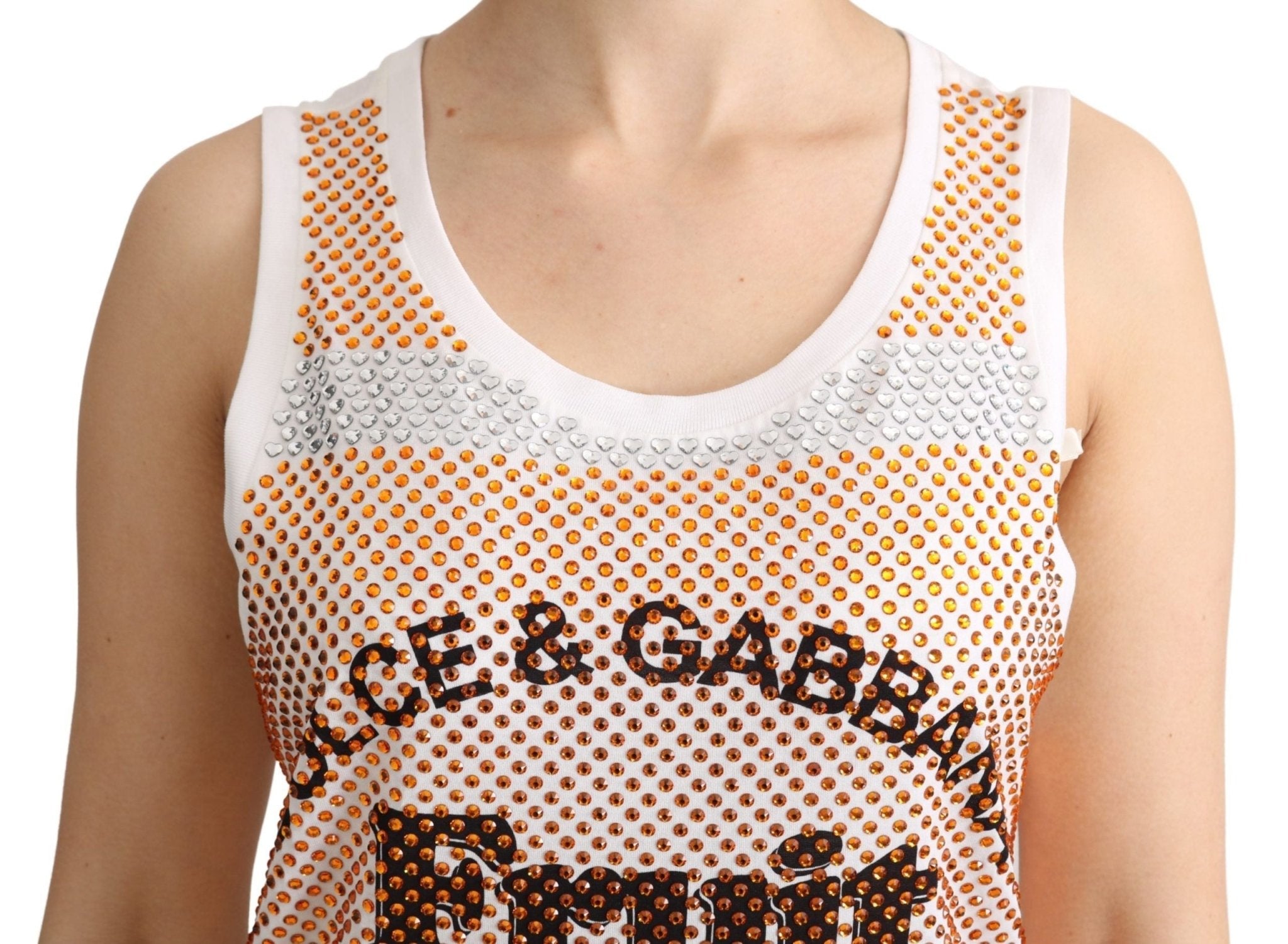 Dolce & Gabbana White Orange Crystal Sleeveless Tank Cotton Top - Dani Dyers