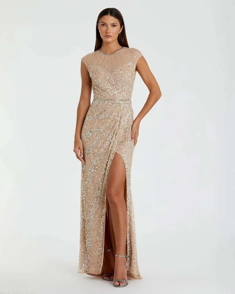 Mac Duggal Beige Embellished Illusion High Neck Cap Sleeve Gown - Dani Dyers