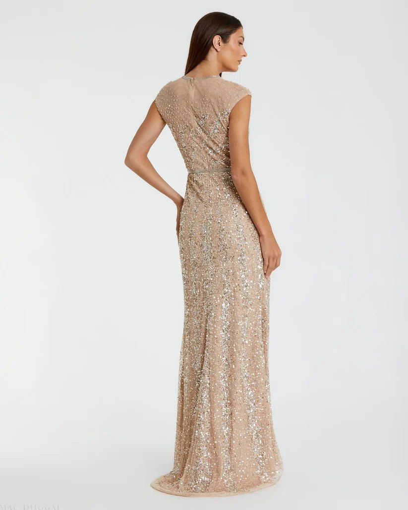 Mac Duggal Beige Embellished Illusion High Neck Cap Sleeve Gown - Dani Dyers