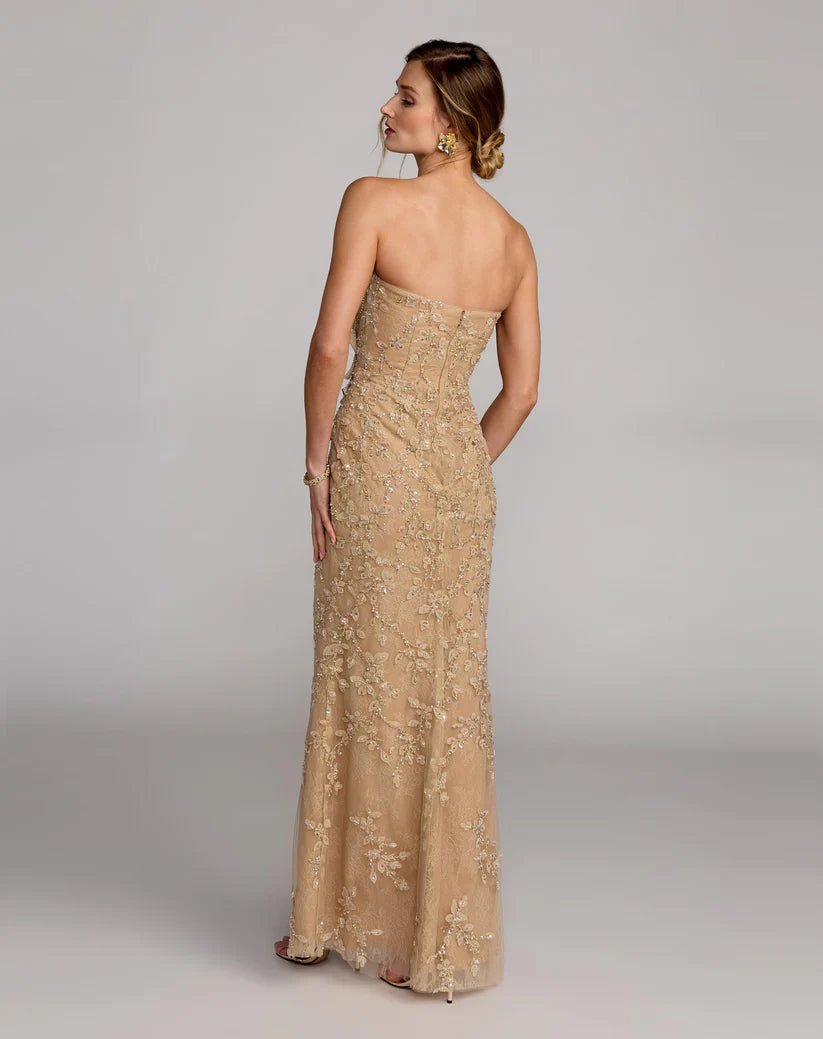 Mac Duggal Beige Strapless Embellished Lace Gown with 3D Flower - Dani Dyers