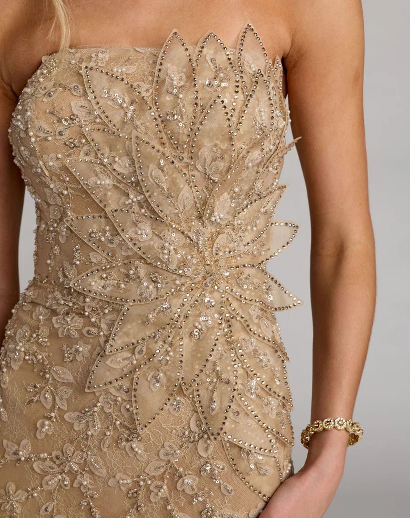 Mac Duggal Beige Strapless Embellished Lace Gown with 3D Flower - Dani Dyers