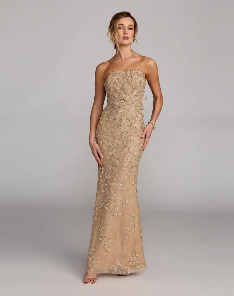 Mac Duggal Beige Strapless Embellished Lace Gown with 3D Flower - Dani Dyers