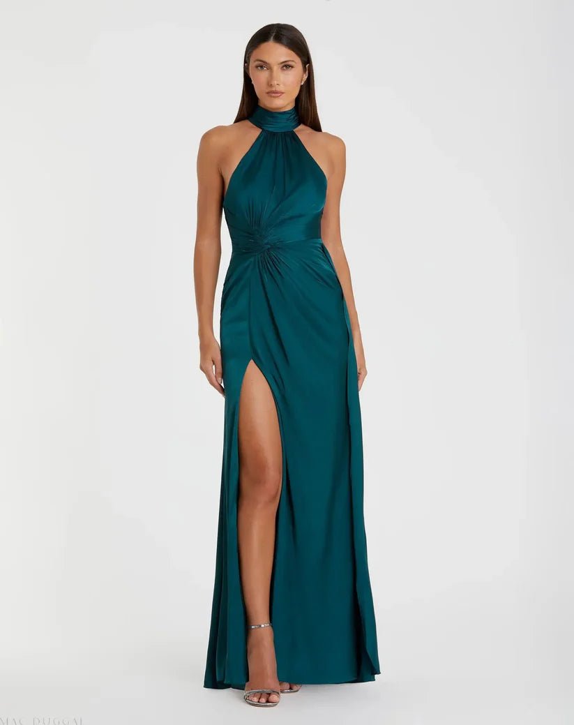 Mac Duggal Blue Open Back High Neck Side Ruched Gown - Dani Dyers