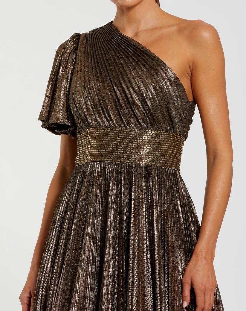 Mac Duggal Brown One Shoulder Pleated Metallic Ball Gown - Dani Dyers