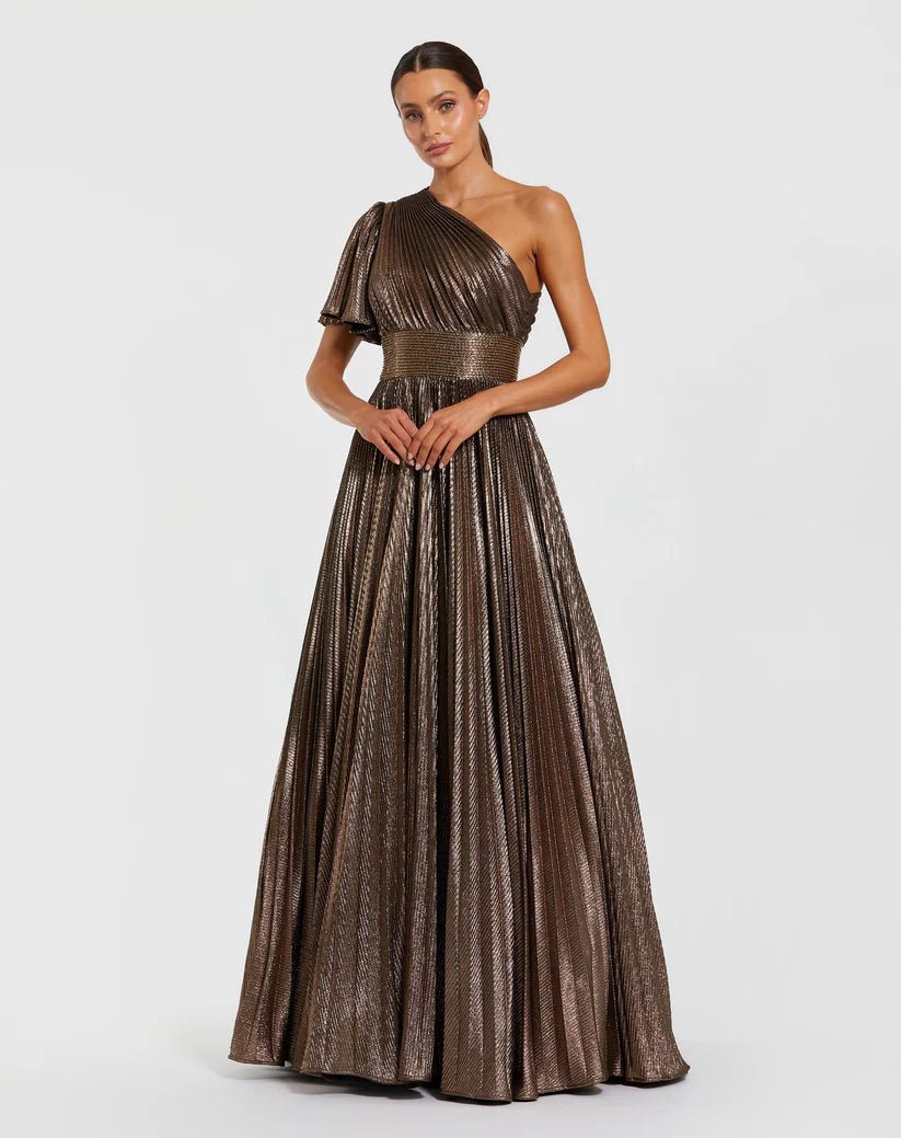 Mac Duggal Brown One Shoulder Pleated Metallic Ball Gown - Dani Dyers